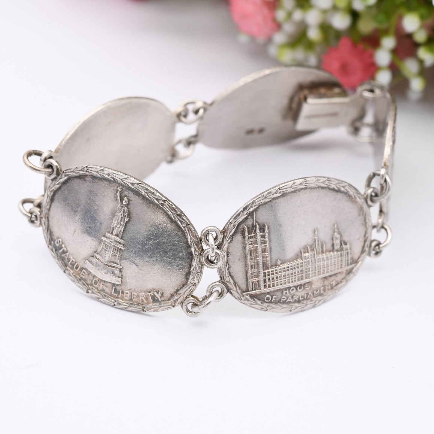 Vintage Sterling Silver Souvenir Bracelet 1945 World Tourist Sites - 5 Panel Scenes | Statue of Liberty USA Arc de Triomphe Paris Parliament