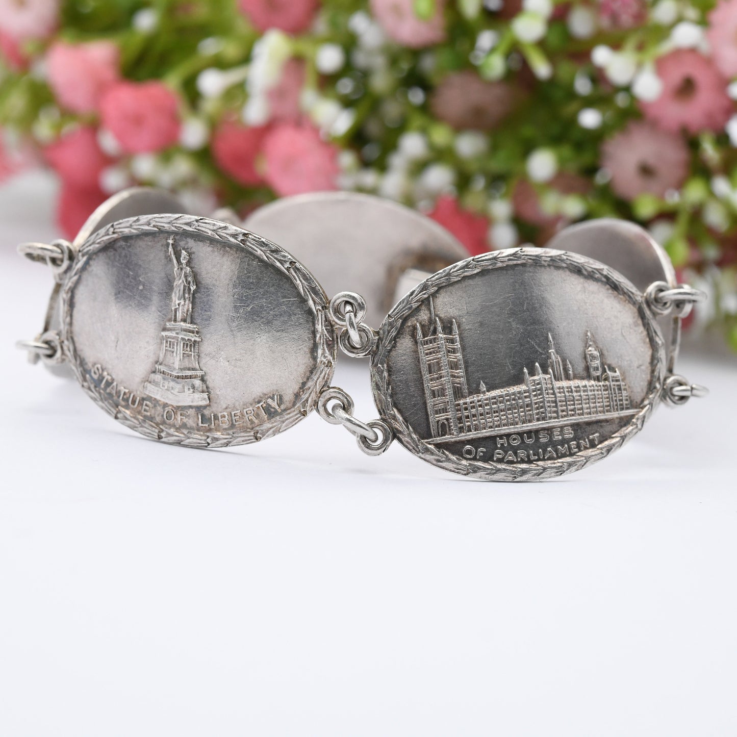Vintage Sterling Silver Souvenir Bracelet 1945 World Tourist Sites - 5 Panel Scenes | Statue of Liberty USA Arc de Triomphe Paris Parliament