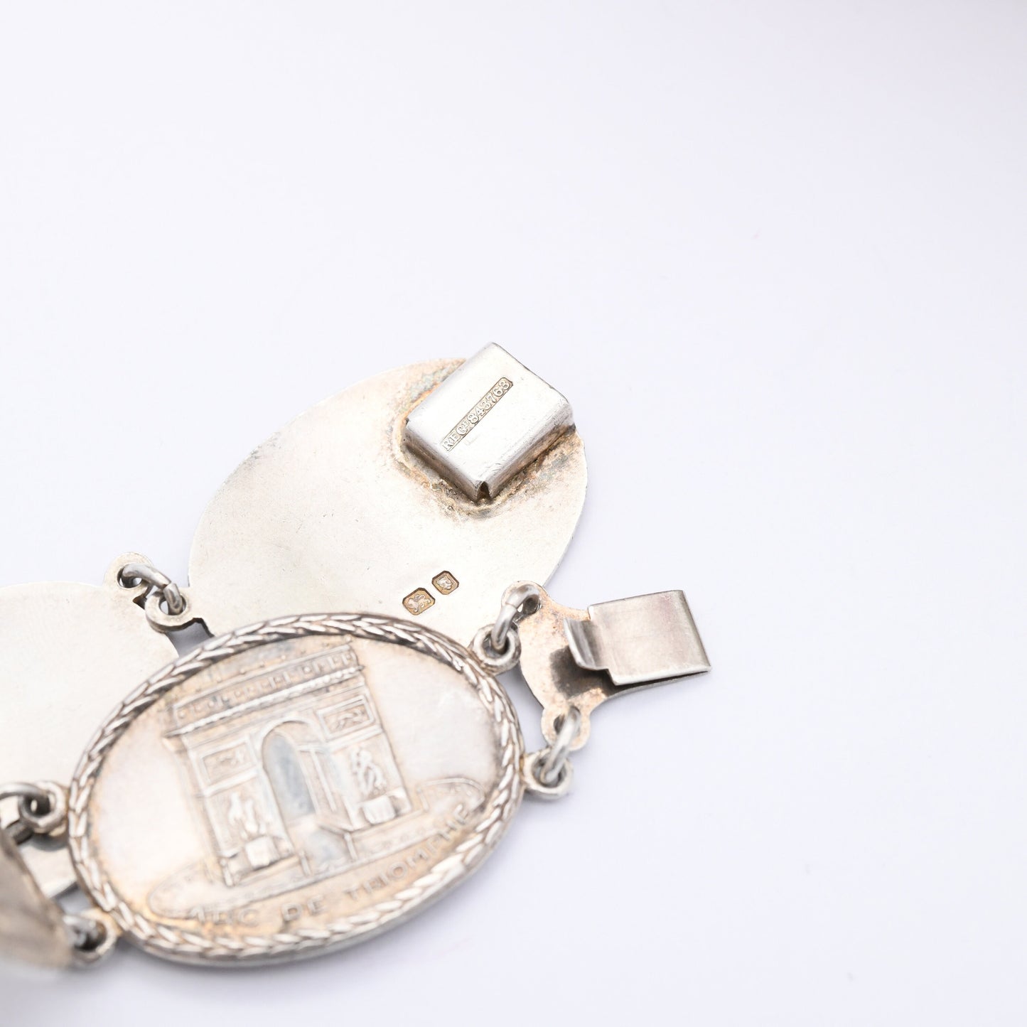Vintage Sterling Silver Souvenir Bracelet 1945 World Tourist Sites - 5 Panel Scenes | Statue of Liberty USA Arc de Triomphe Paris Parliament