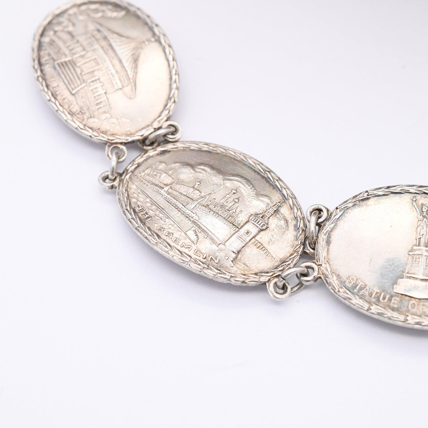 Vintage Sterling Silver Souvenir Bracelet 1945 World Tourist Sites - 5 Panel Scenes | Statue of Liberty USA Arc de Triomphe Paris Parliament