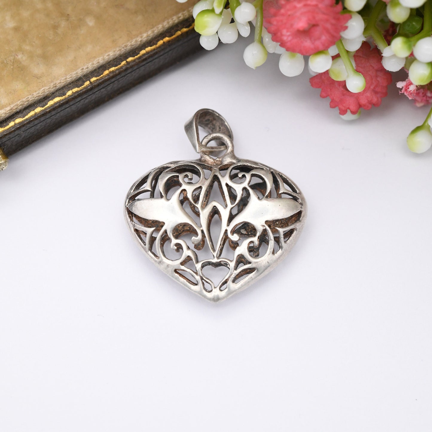 Vintage Sterling Silver Puffed Heart Pendant Floral Openwork Design - Sweet Birthday Gift for Her | Pretty Jewellery | Chunky Love Heart