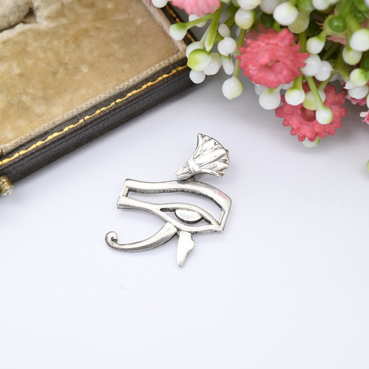 Vintage Egyptian Silver Eye of Horus Eye of Ra Pendant - Openwork Design with Lotus Flower Bale | 800 Silver