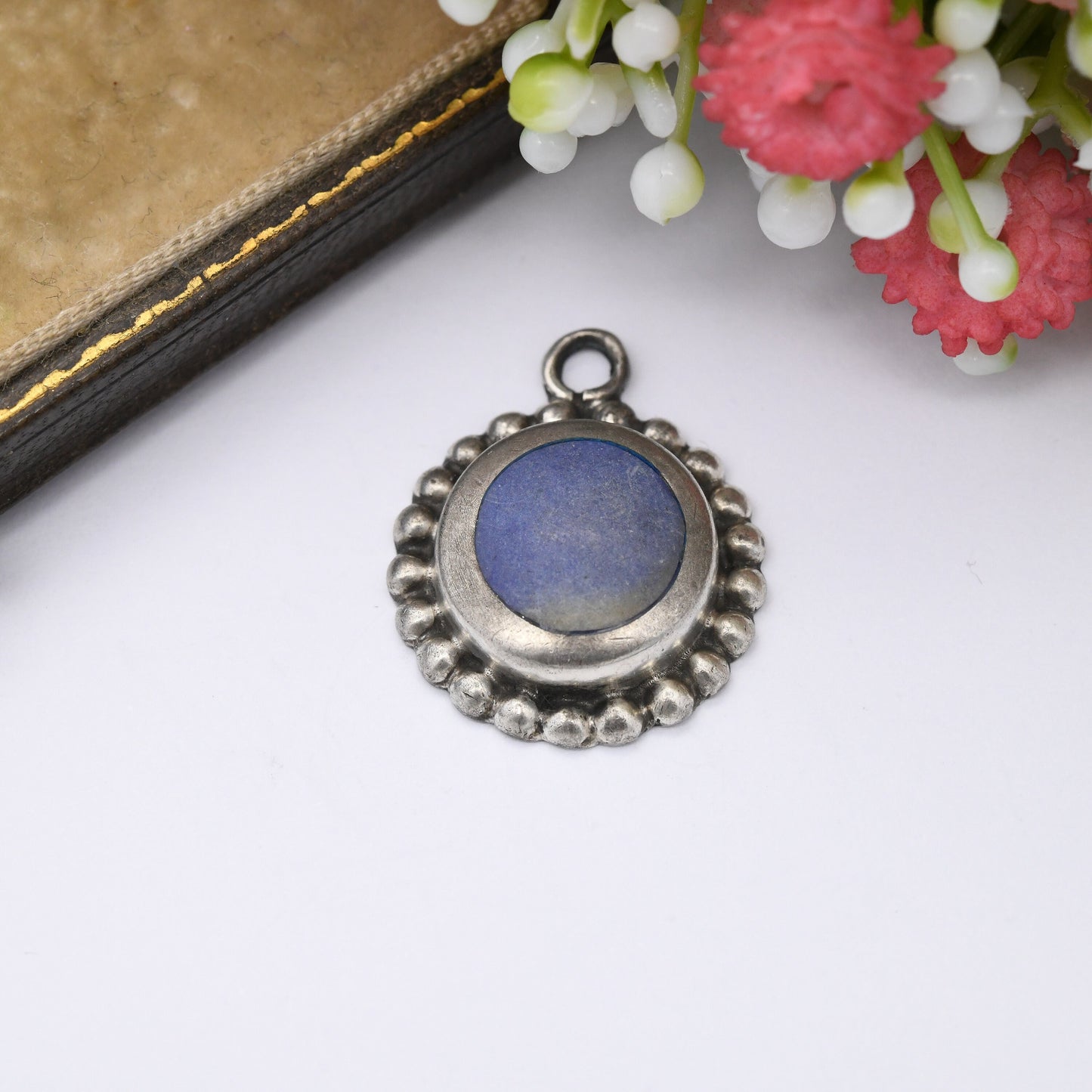 Vintage Taxco Mexico Sterling Silver Blue Stone Pendant - Large Cabochon Stone Granulated Edges | Chunky Necklace Stack Charm