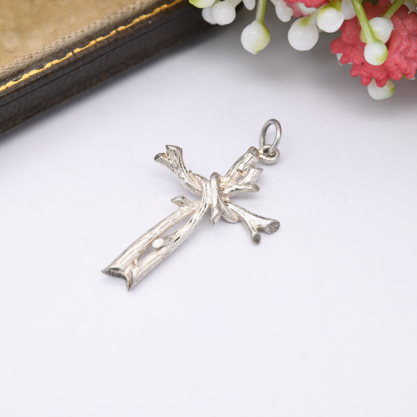 Vintage Sterling Silver Cross Pendant with Bark Wood Effect - Sweet Christening Jewellery Gift Present for Christian