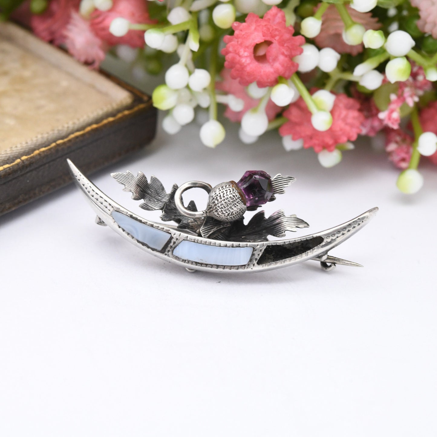 Antique Scottish Sterling Silver Blue Lace Agate Thistle Brooch 1899 - Victorian Jewellery | Pretty Floral National Flower with Purple Glass