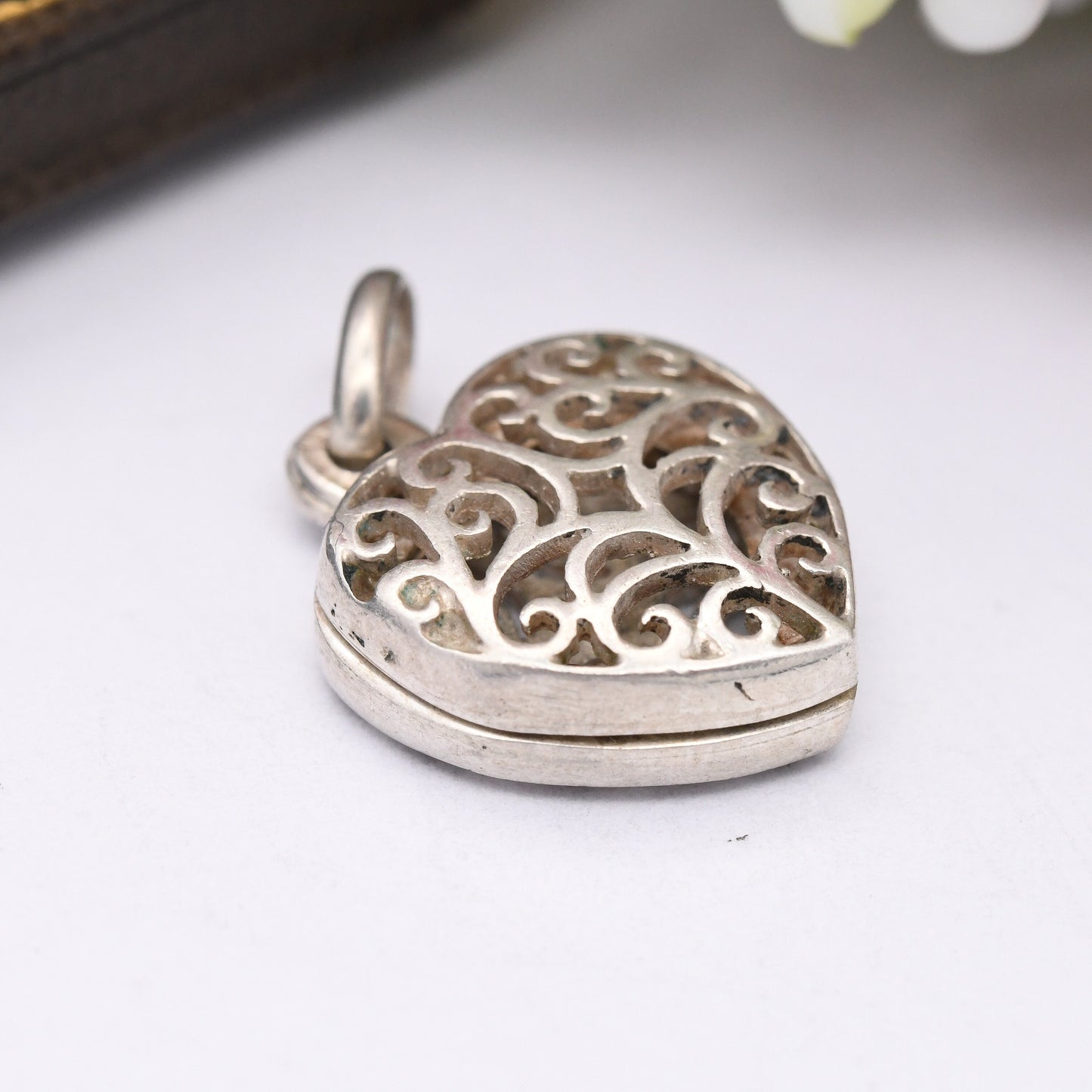 Vintage Sterling Silver Heart Locket Pendant Openwork Scrolling Design - Small Love Heart Shaped Charm Pendant | Cute Gift for Her