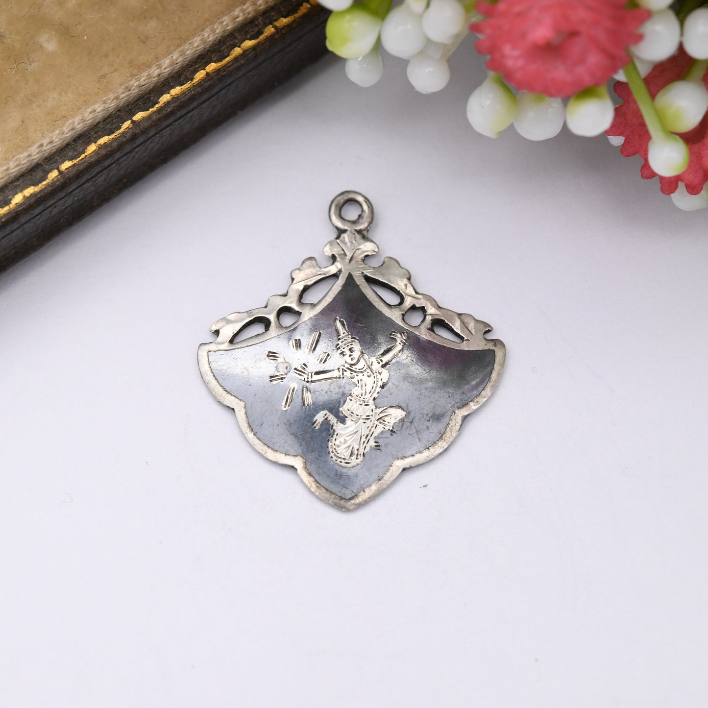 Vintage Siam Sterling Silver Pendant with Black Niello - Unusual Shape with Ornate Border | Mekkala Goddess of Lightning Manimekhala Symbol