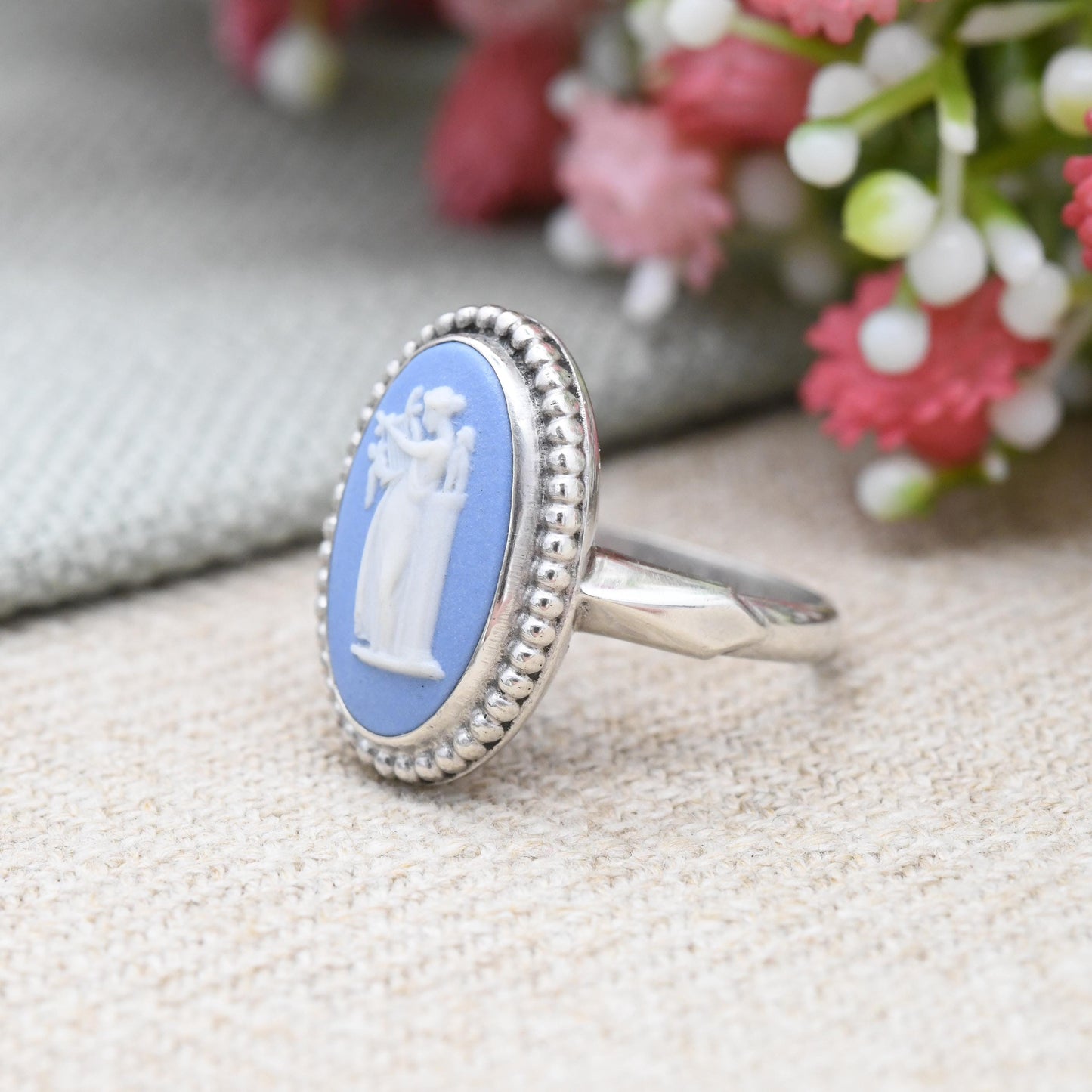 Vintage Wedgwood Sterling Silver Blue Jasperware Cameo Ring Terpsichore with Lyre - Greek Muse of Dance Column | UK Size - M | US Size - 6