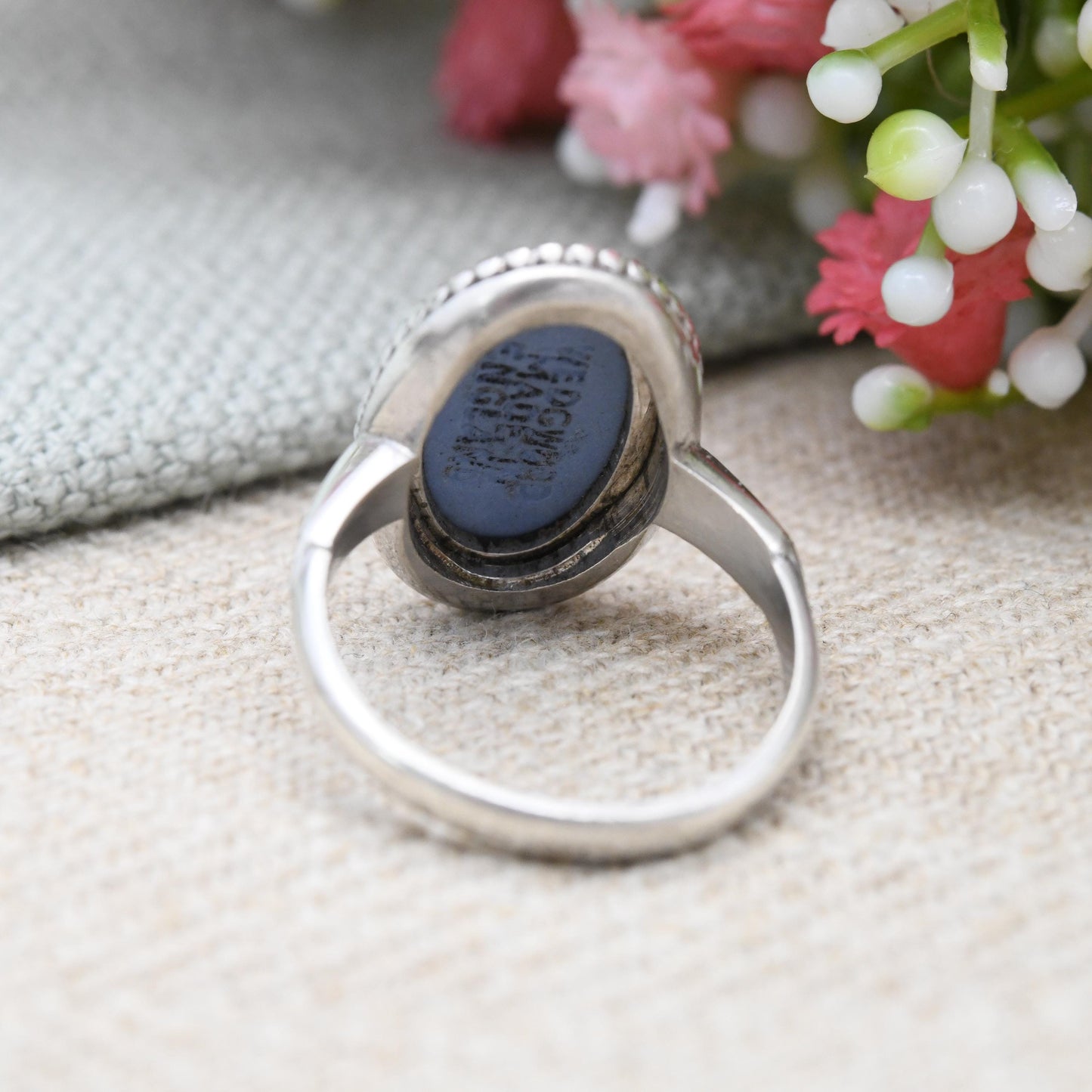 Vintage Wedgwood Sterling Silver Blue Jasperware Cameo Ring Terpsichore with Lyre - Greek Muse of Dance Column | UK Size - M | US Size - 6