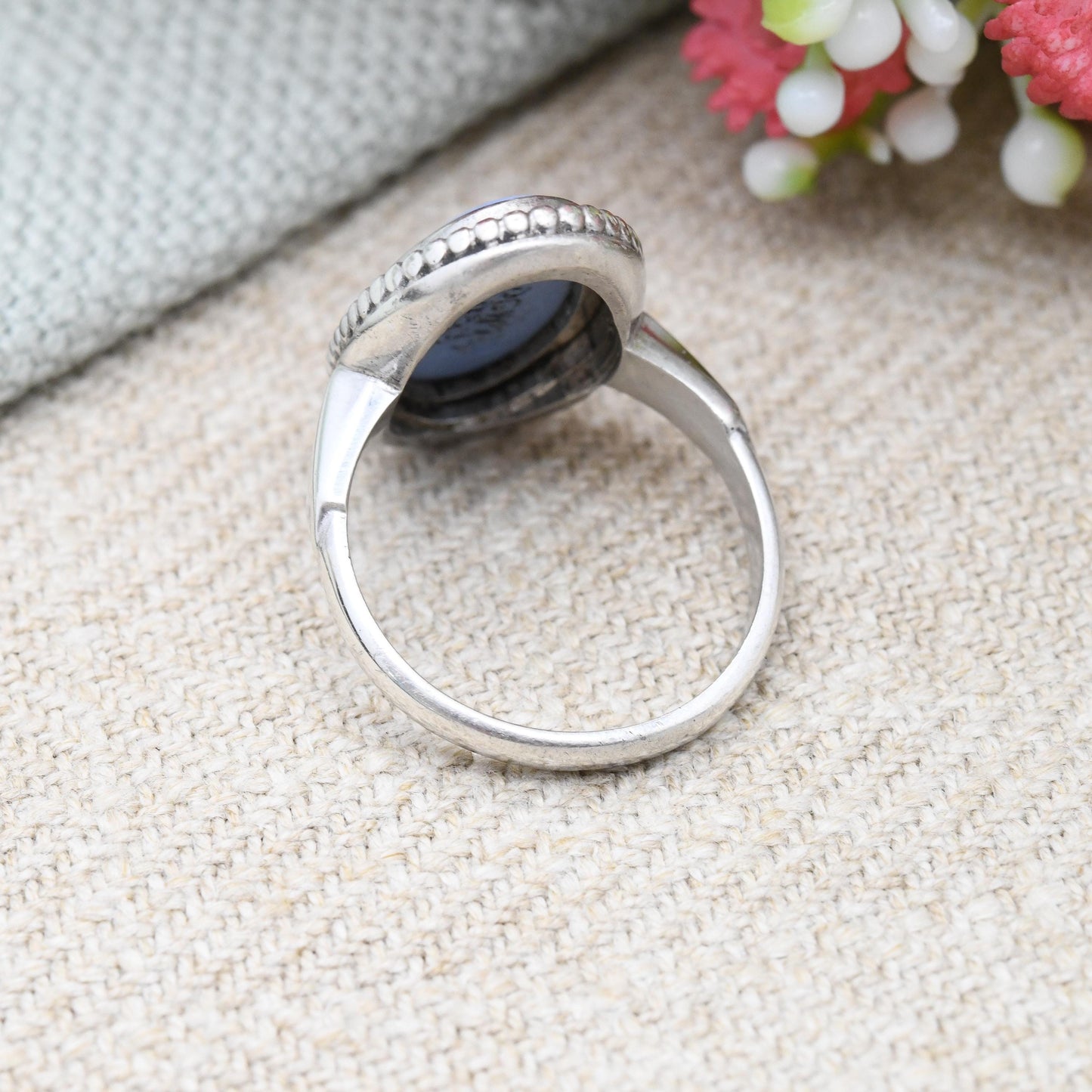 Vintage Wedgwood Sterling Silver Blue Jasperware Cameo Ring Terpsichore with Lyre - Greek Muse of Dance Column | UK Size - M | US Size - 6
