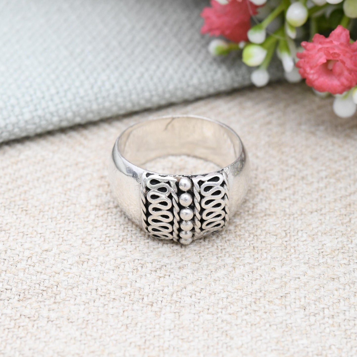 Vintage Sterling Silver Wirework Cannetille Band Ring - Chunky Mid-Century Silver Jewellery | UK Size - O 1/2 | US Size - 7 1/2