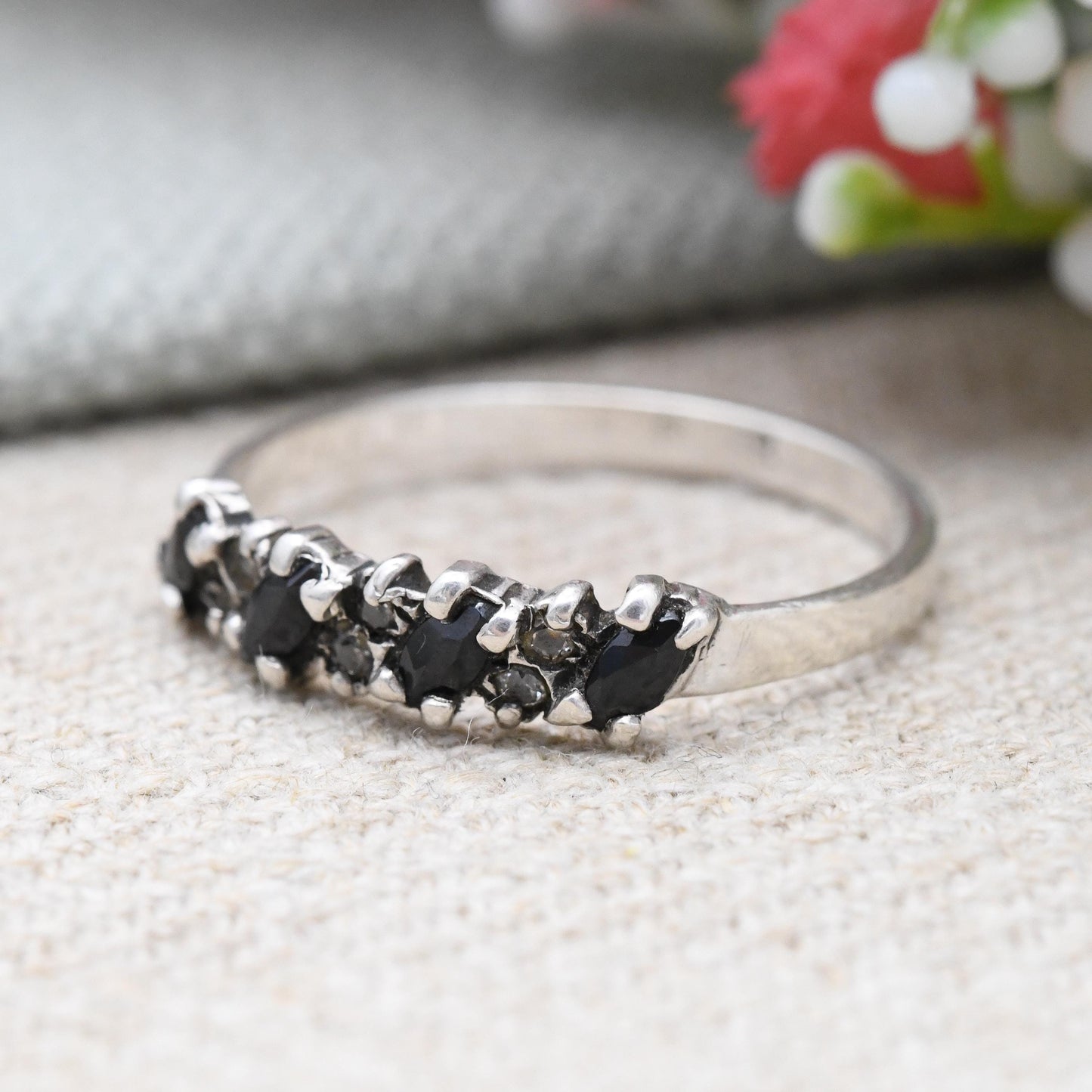 Vintage Sterling Silver Sapphire and Clear Stone Ring - Marquise Cut Design 1970s 1980s Pretty Gift for Her | UK Size - R | US Size - 8 1/2
