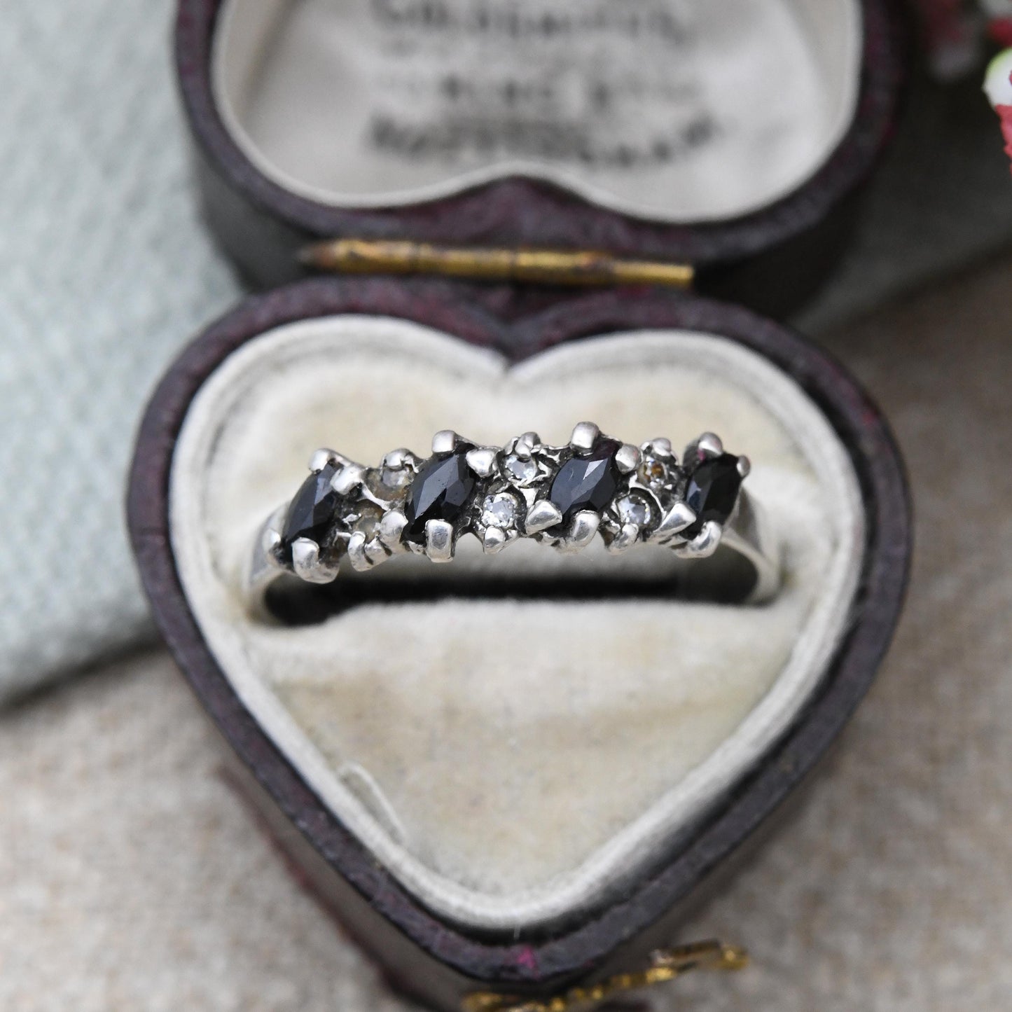 Vintage Sterling Silver Sapphire and Clear Stone Ring - Marquise Cut Design 1970s 1980s Pretty Gift for Her | UK Size - R | US Size - 8 1/2