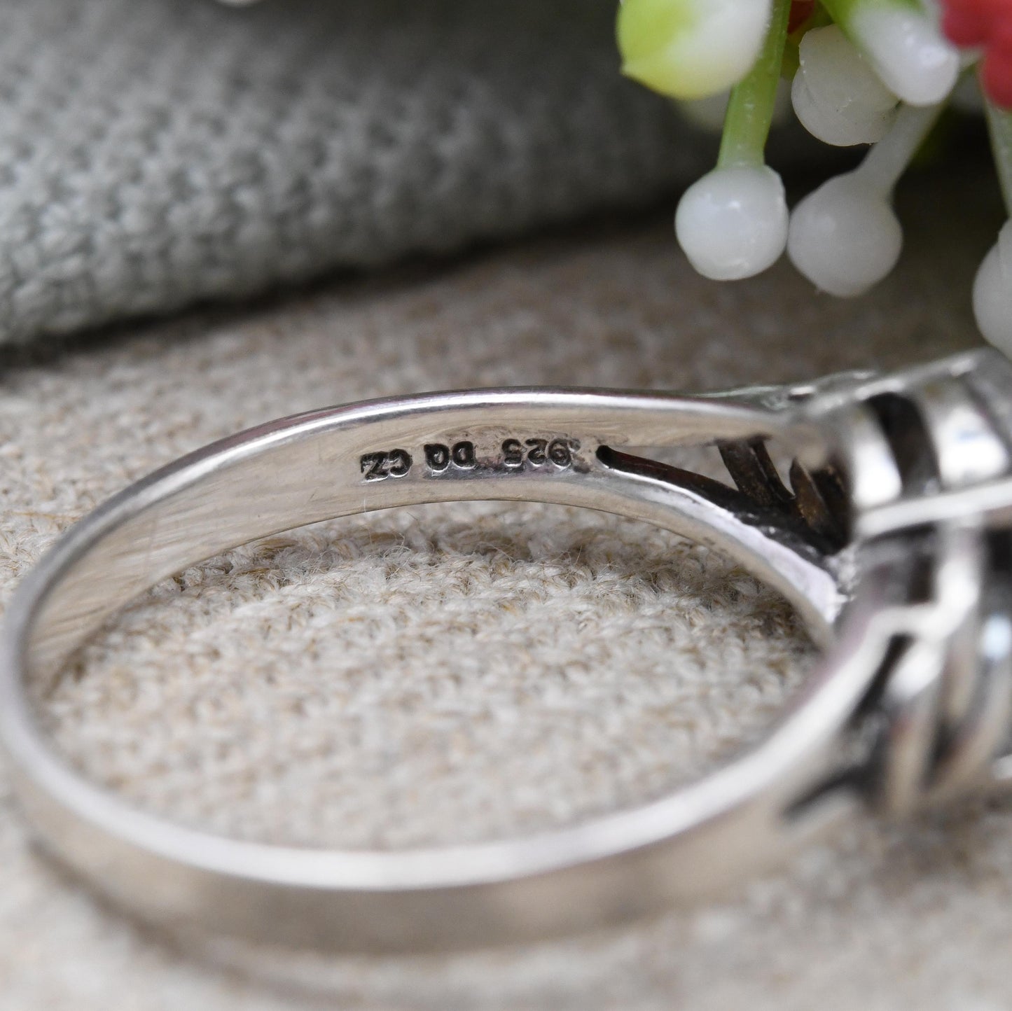 Sterling Silver Cubic Zirconia Ring Diamonique - Large White Stone CZ Statement Ring Y2K | Pretty Swirl Setting | UK Size - S | US Size - 9