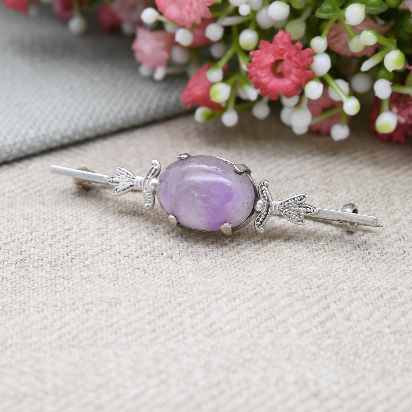 Antique Sterling Silver Art Deco Amethyst Bar Brooch - Egyptian Revival Floral Leaf Shoulders | Oval Cabochon Purple Stone