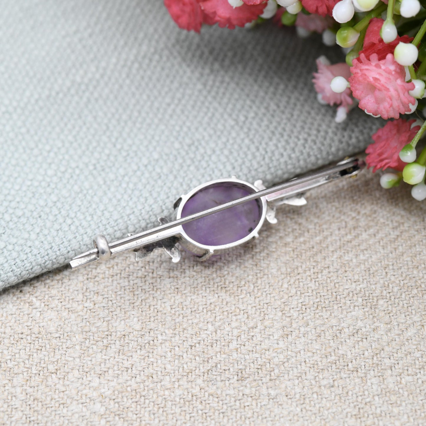 Antique Sterling Silver Art Deco Amethyst Bar Brooch - Egyptian Revival Floral Leaf Shoulders | Oval Cabochon Purple Stone