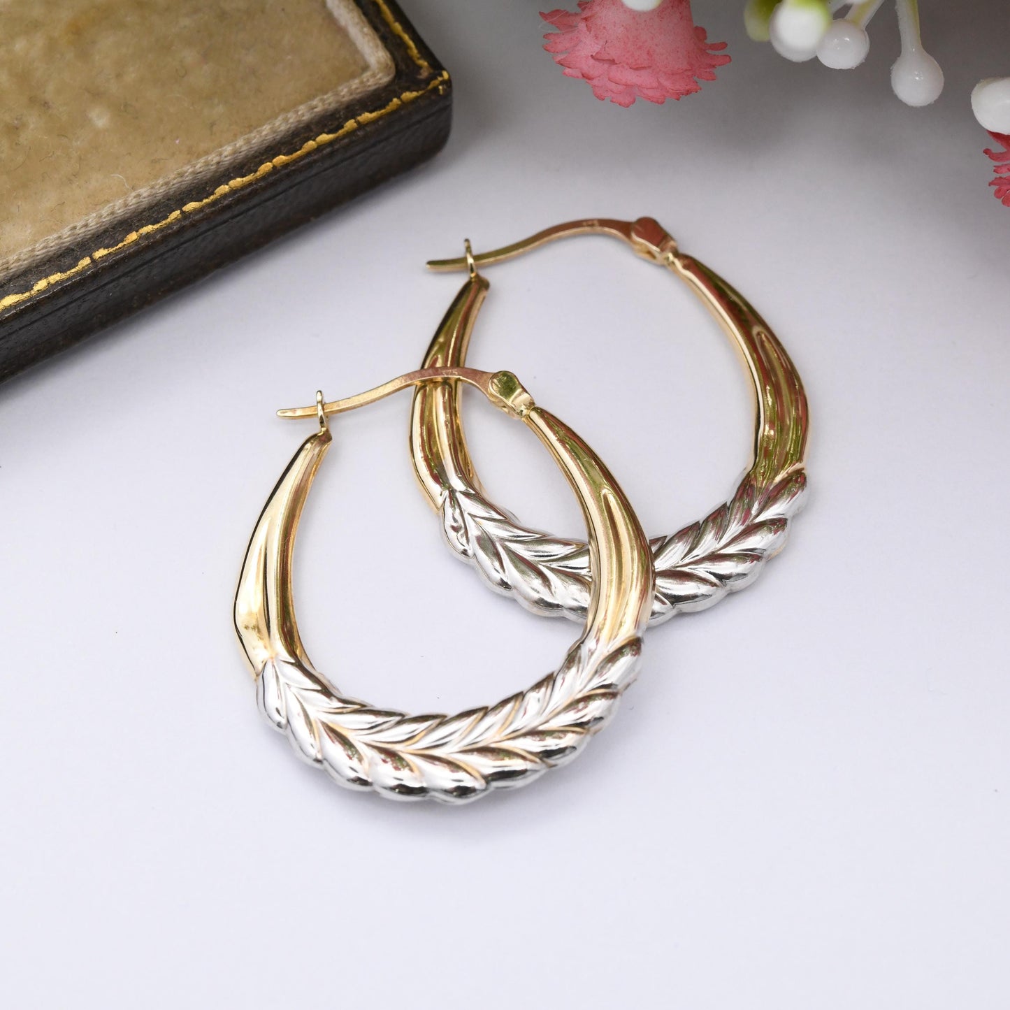 Vintage 9ct Gold Hoop Earrings Laurel Leaves Wreath Design - Large Hollow Hoops | Two-Tone Yellow and White Gold