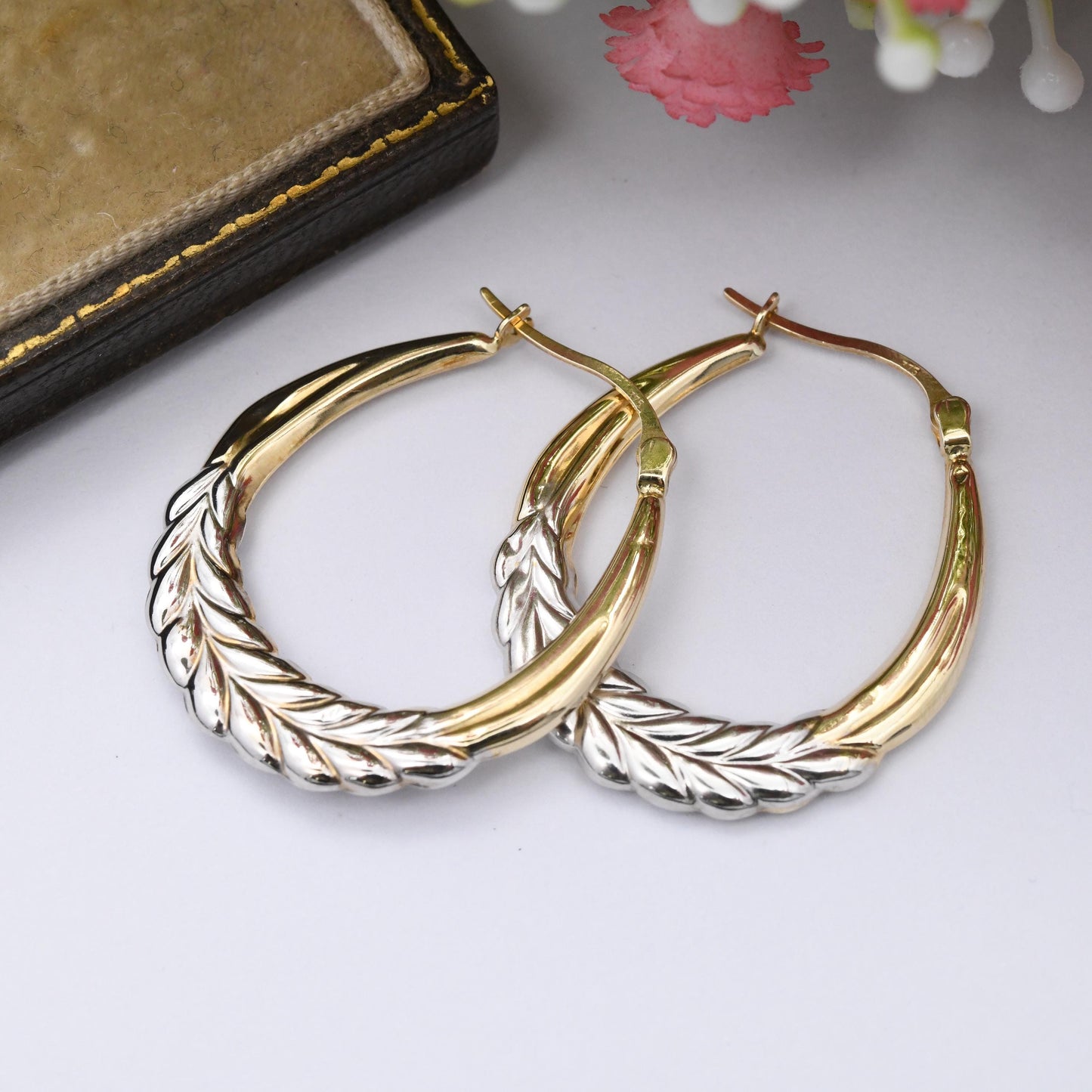 Vintage 9ct Gold Hoop Earrings Laurel Leaves Wreath Design - Large Hollow Hoops | Two-Tone Yellow and White Gold