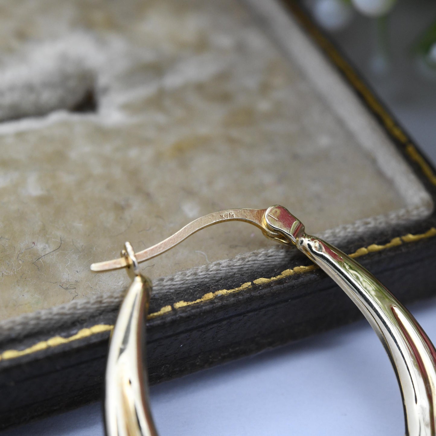 Vintage 9ct Gold Hoop Earrings Laurel Leaves Wreath Design - Large Hollow Hoops | Two-Tone Yellow and White Gold