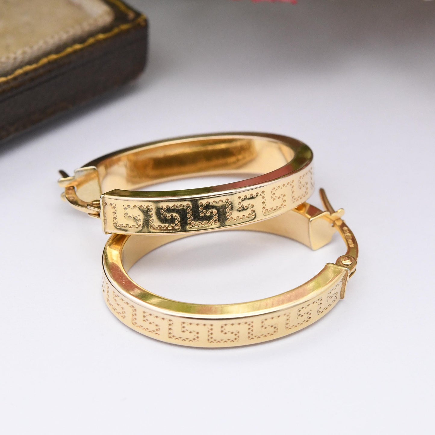 Vintage 9ct Gold Hoop Earrings with Meander Design - Chunky Hollow Hoops Oval Greek Key Pattern Geometric Maze | Gold Gift for Her