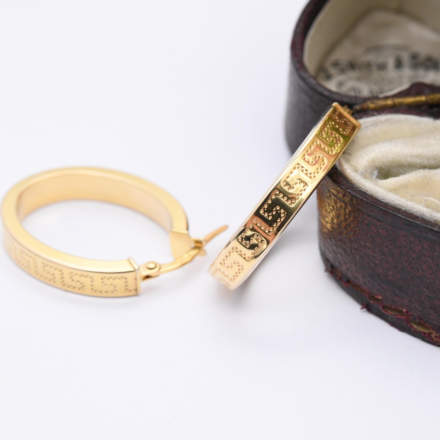 Vintage 9ct Gold Hoop Earrings with Meander Design - Chunky Hollow Hoops Oval Greek Key Pattern Geometric Maze | Gold Gift for Her