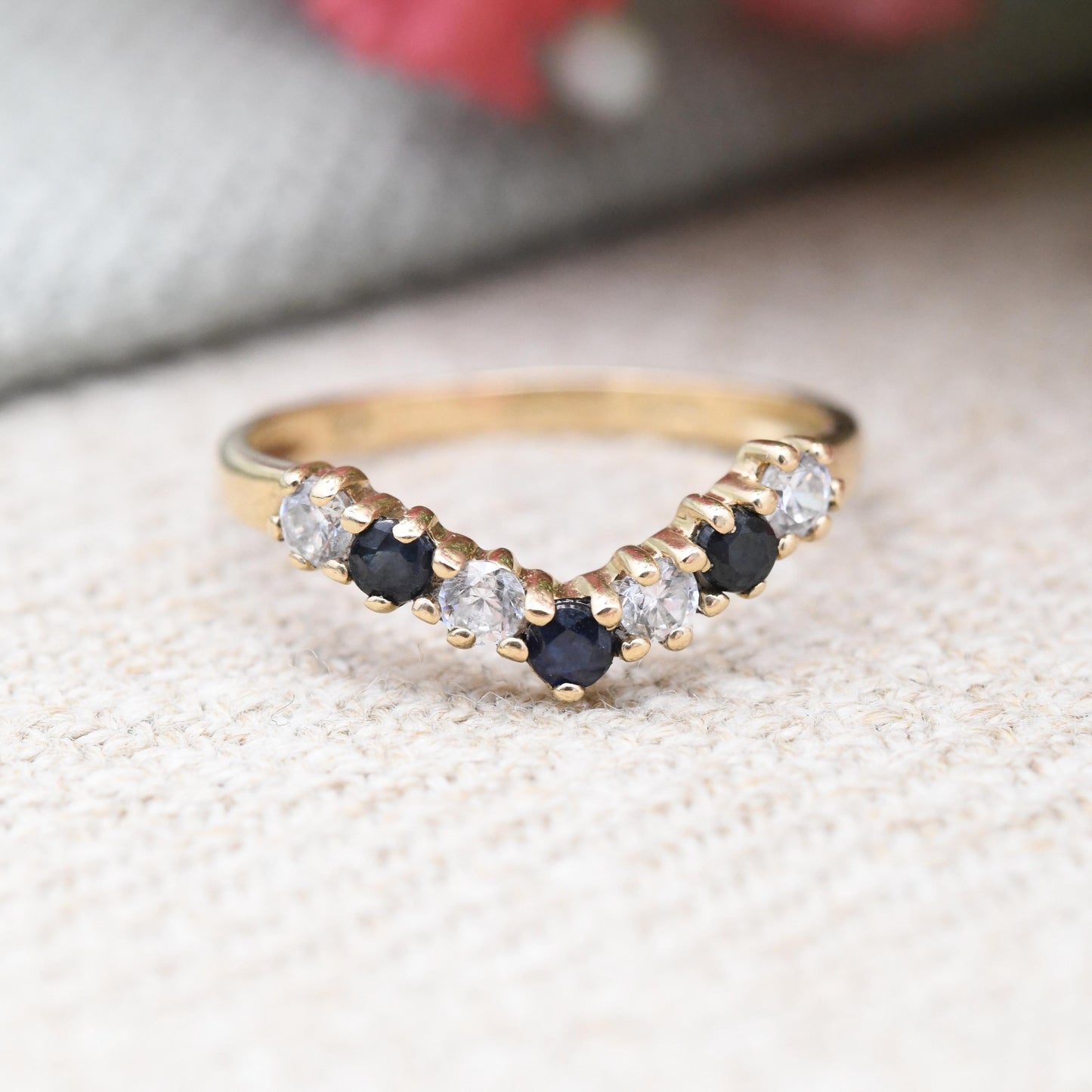 Vintage 9ct Gold Sapphire & Cubic Zirconia Wishbone Ring - CZ and Blue Engagement Ring Delicate Stacker | UK Size - I 1/2 | US Size - 4 1/2