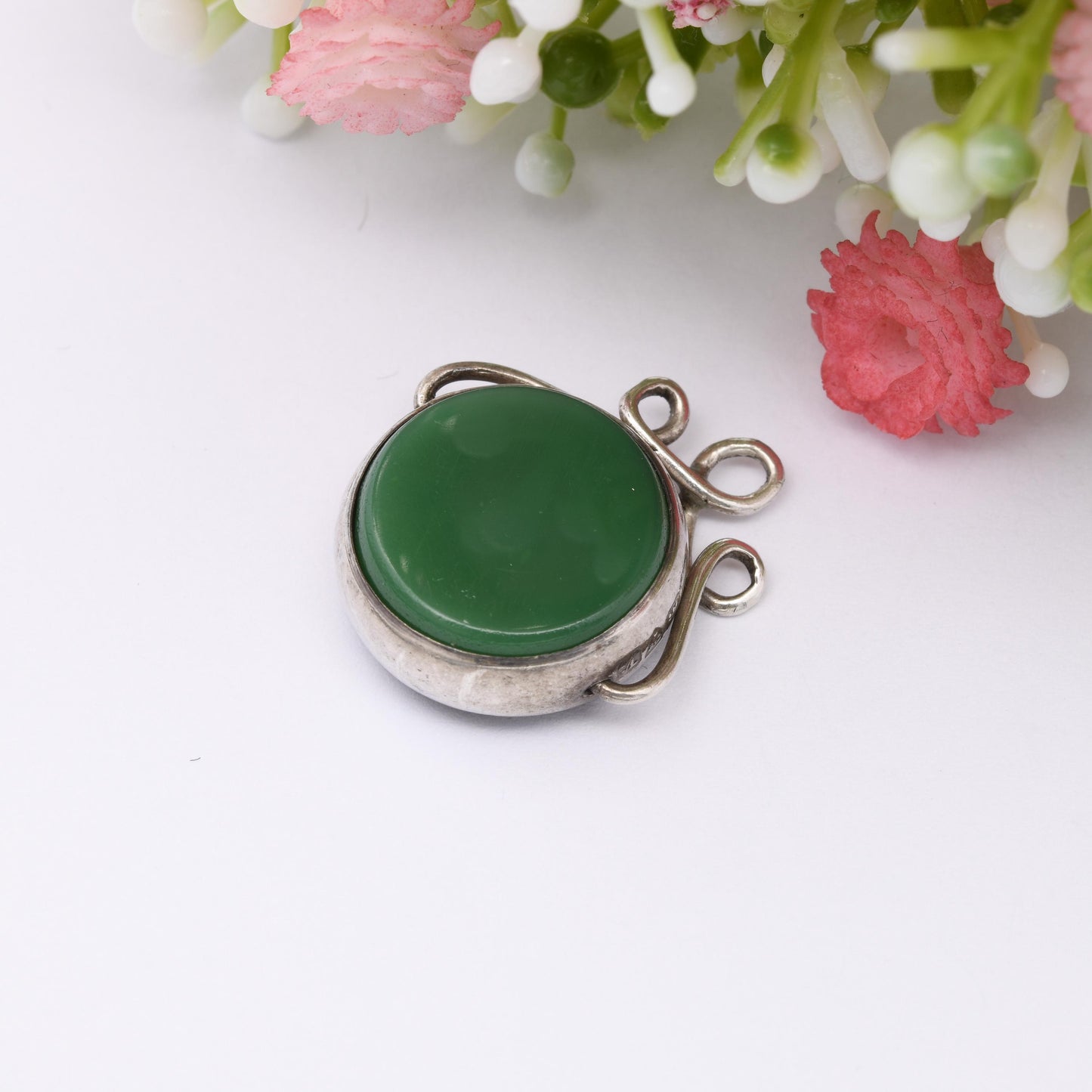 Antique Sterling Silver Spinning Watch Fob Pendant with Green and Brown Stones 1921 - William J Holmes Chester Hallmark Chunky Antique Charm