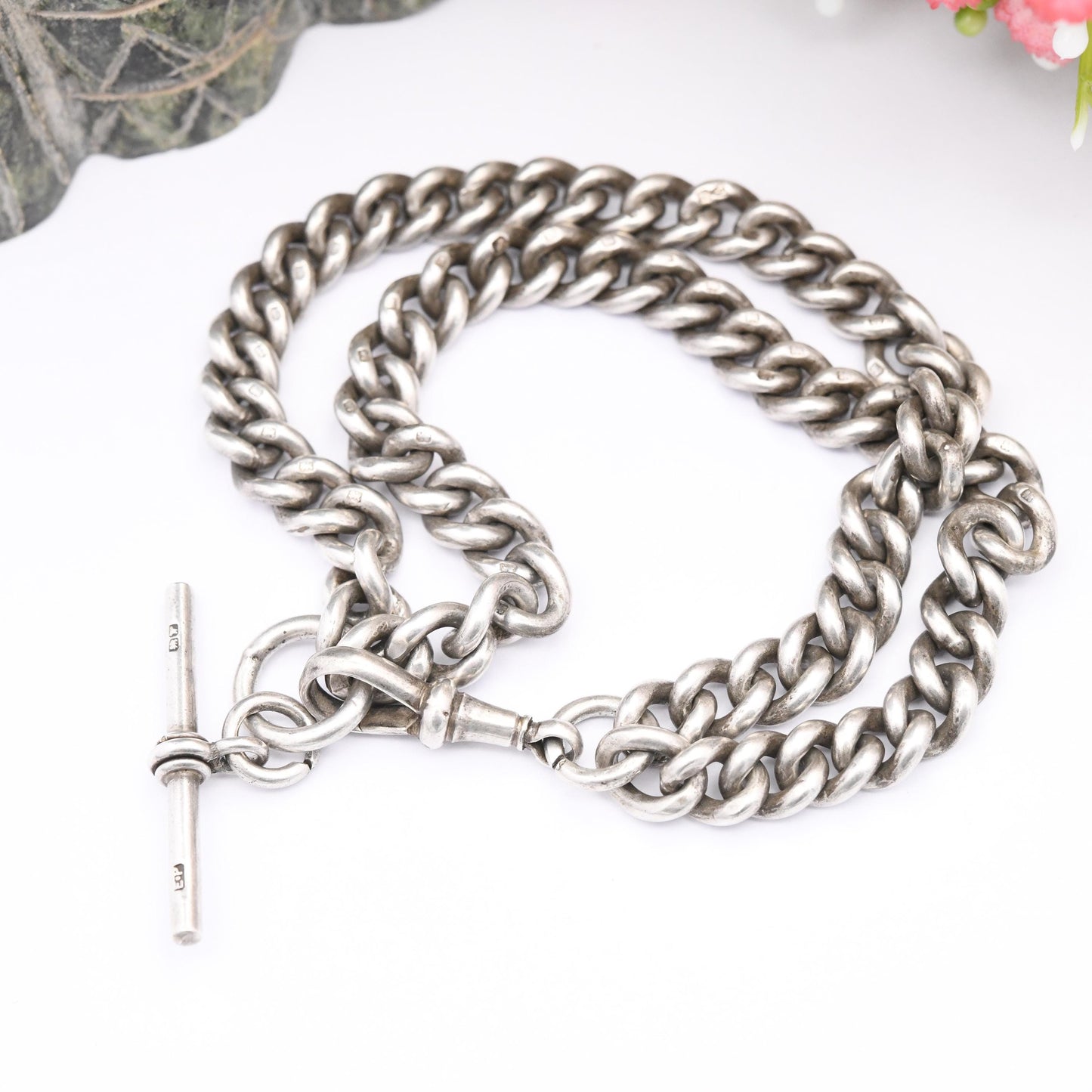 Antique Sterling Silver Double Albert Chain Bracelet with Dog Clip T-Bar 1921 1922 Chester Hallmarks - Curb Link Pocket Watch Chain 21.5cm"