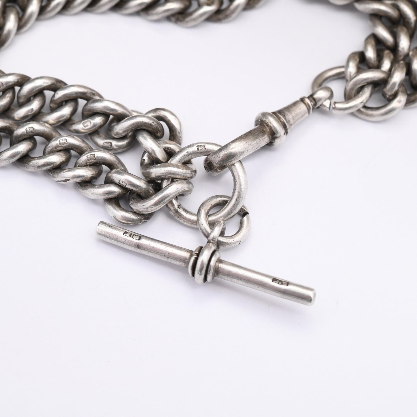 Antique Sterling Silver Double Albert Chain Bracelet with Dog Clip T-Bar 1921 1922 Chester Hallmarks - Curb Link Pocket Watch Chain 21.5cm"