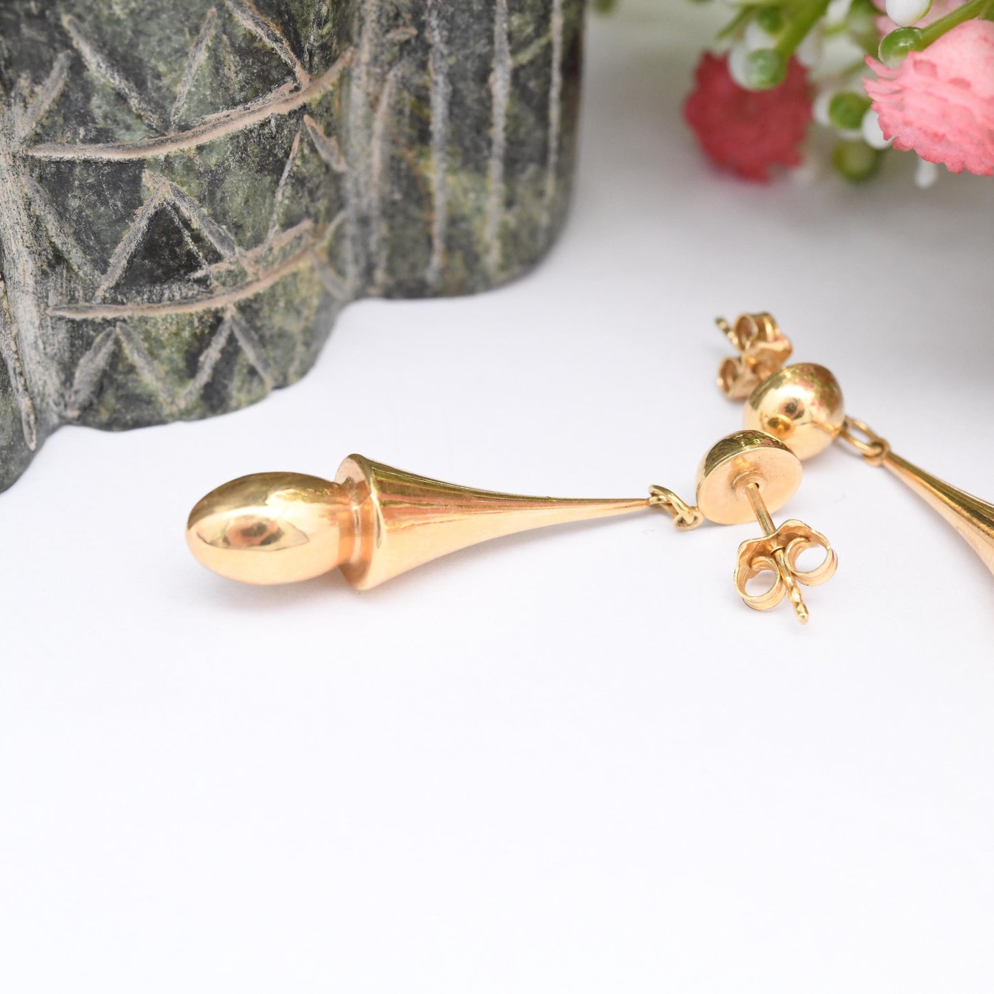Vintage 9ct Gold Dangle Drop Earrings - Unoaerre Italian Design Made in Italy | Minimalist Modernist Chunky Form | Butterfly Backs