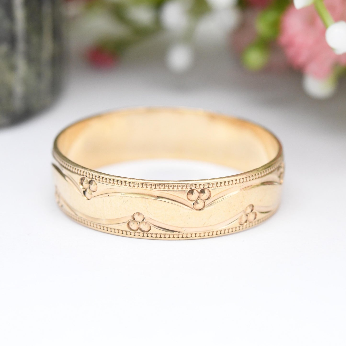 Vintage 9ct Gold Band Ring 2000 Millennium Hallmark - Y2K Carved Textured Pattern Unisex Large Wedding Band | UK Size Z 1/2 | US Size 12 3/4