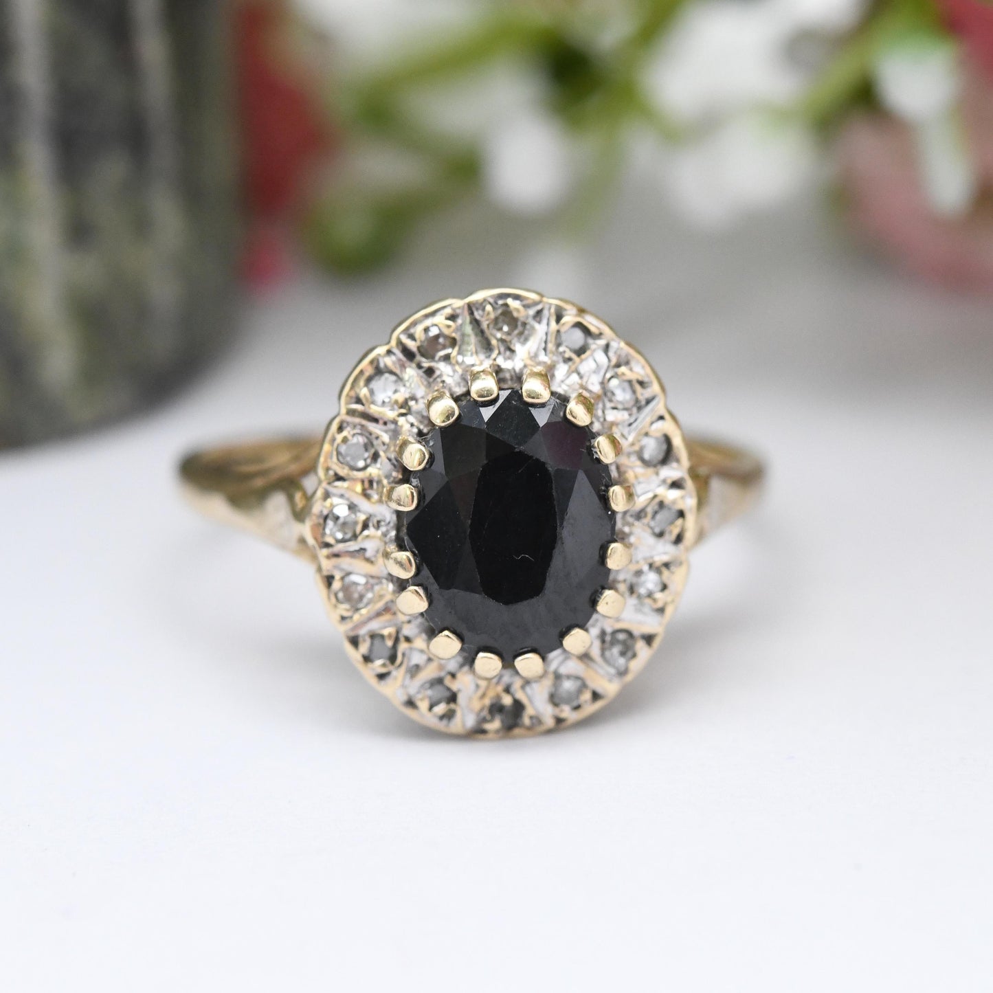 Vintage 9ct Gold Sapphire and Diamond Halo Ring 1994 - Vintage Cocktail Statement Ring | Gift for Her | UK Size - O | US Size - 7 1/4