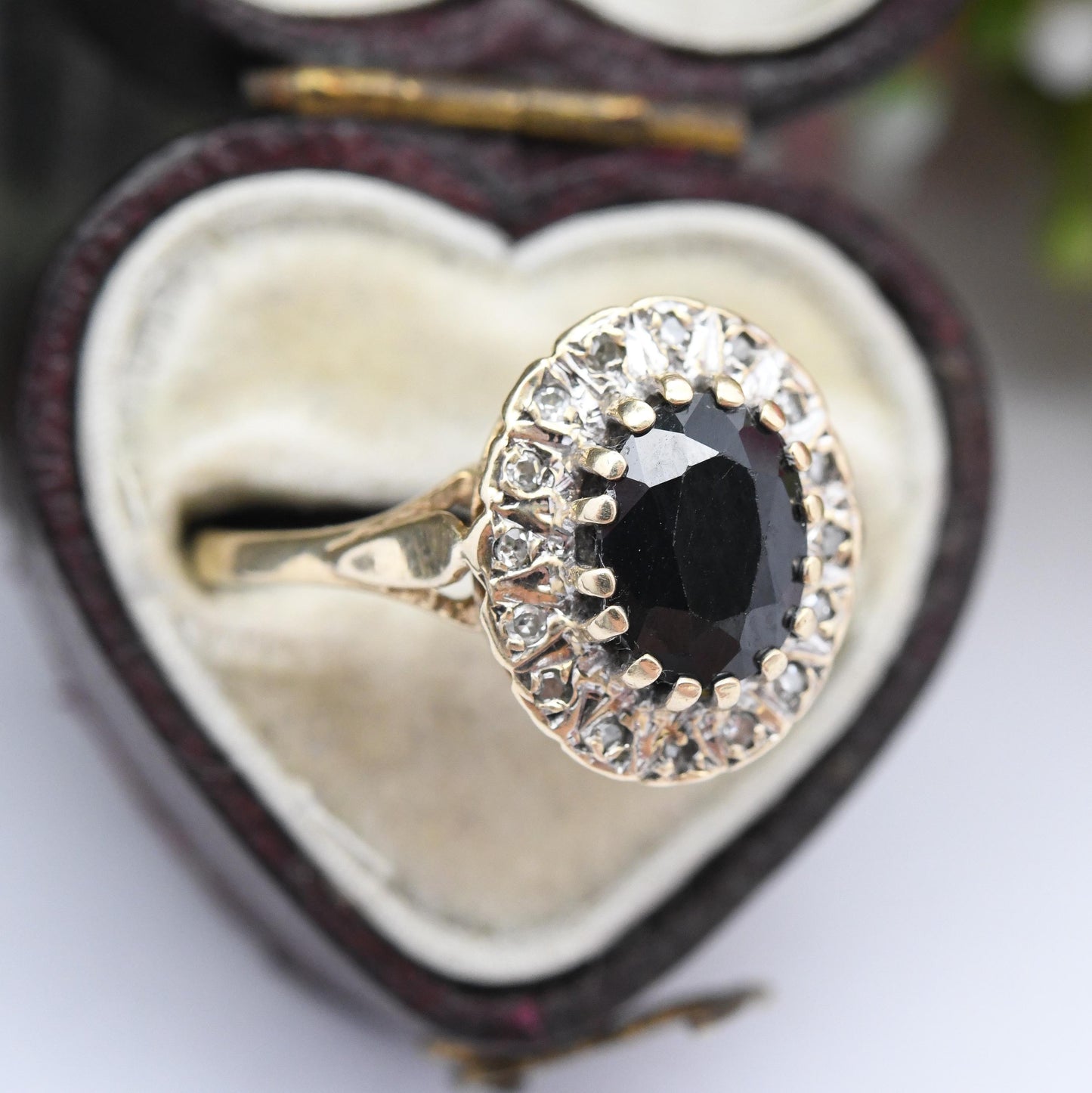 Vintage 9ct Gold Sapphire and Diamond Halo Ring 1994 - Vintage Cocktail Statement Ring | Gift for Her | UK Size - O | US Size - 7 1/4