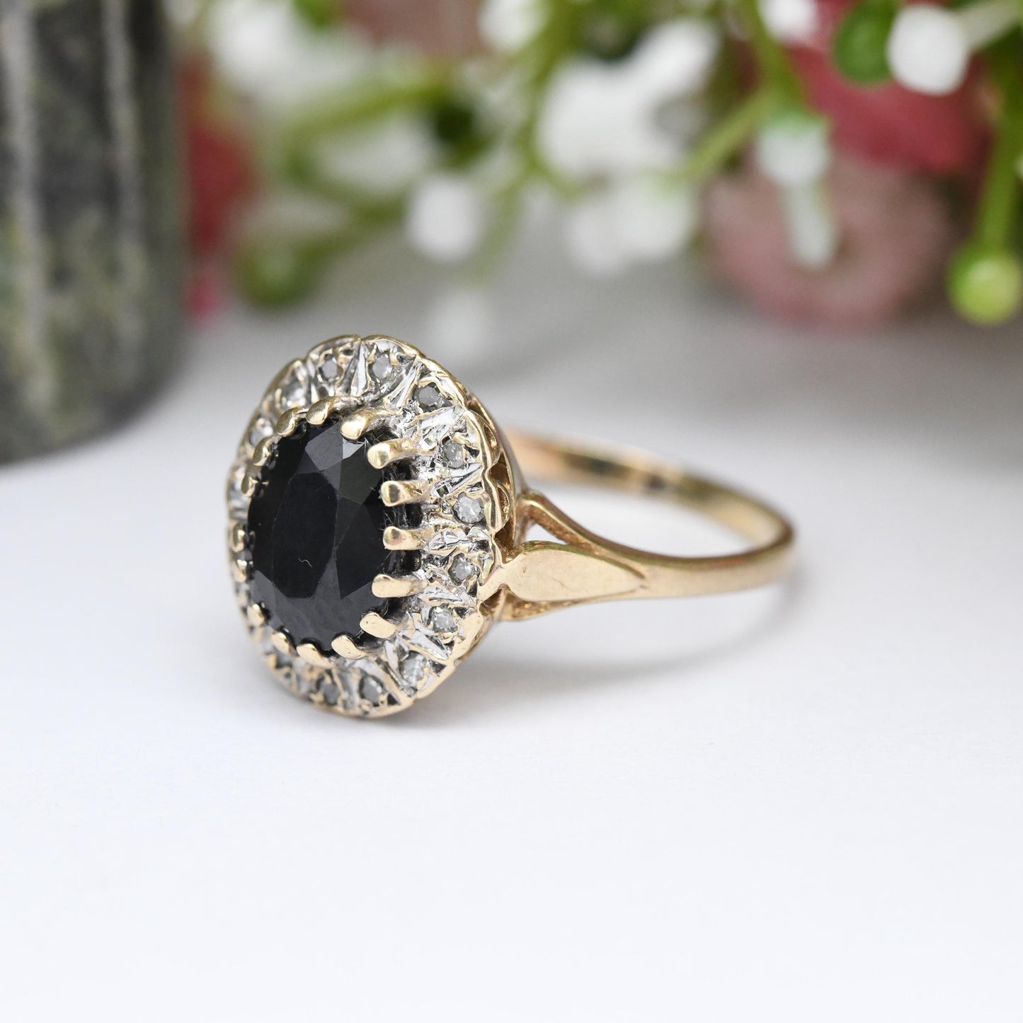 Vintage 9ct Gold Sapphire and Diamond Halo Ring 1994 - Vintage Cocktail Statement Ring | Gift for Her | UK Size - O | US Size - 7 1/4