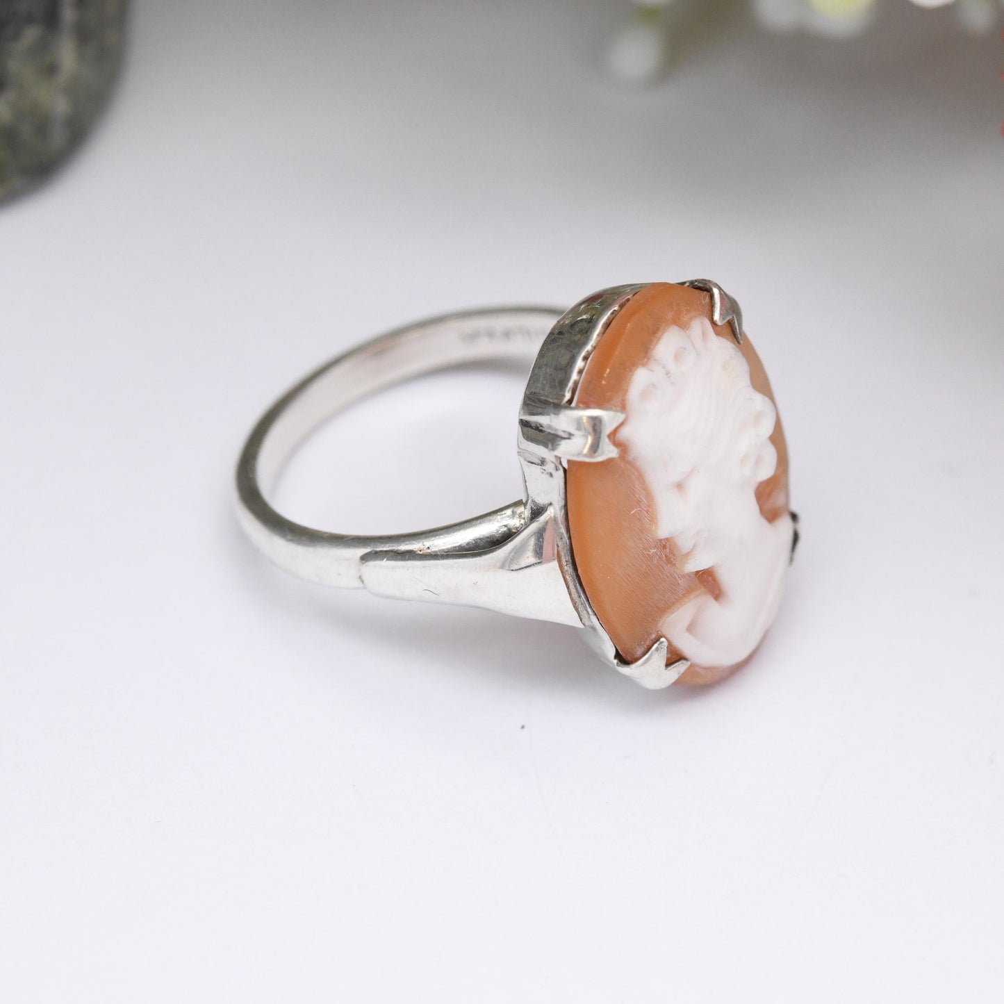 Vintage Sterling Silver Cameo Ring - Mid-Century Carved Shell Cameo | Classical Woman's Profile | UK Size - M 1/2 | US Size - 6 1/4