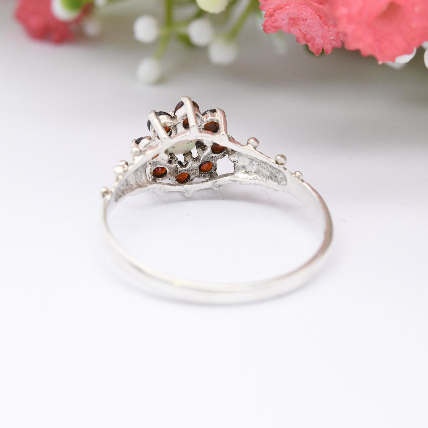 Vintage Sterling Silver Opal Garnet Flower Cluster Ring 1979 - Large Statement Cocktail Ring Pretty Gift | UK Size - W | US Size - 11