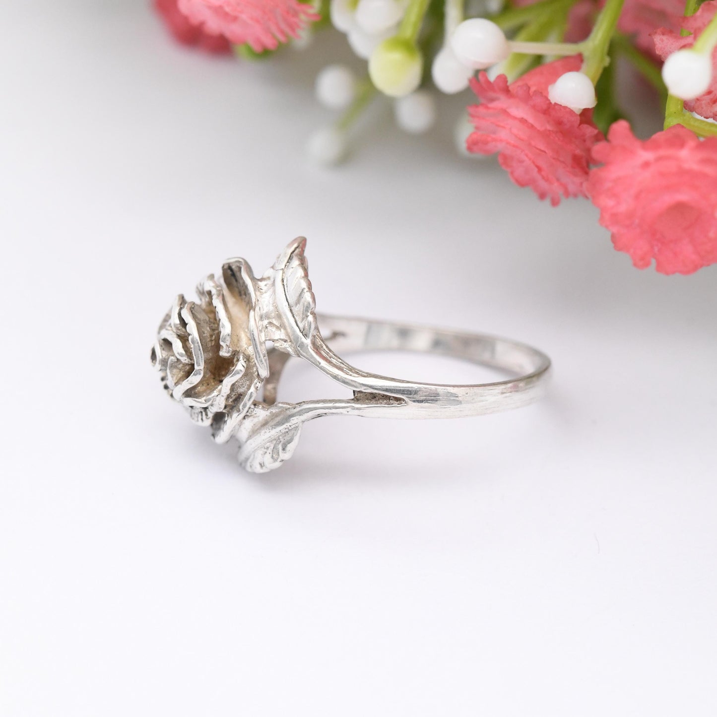 Vintage Sterling Silver Rose Ring - Modernist Flower Floral Shape | Pretty Gift for Her | UK Size - O | US Size - 7 1/4