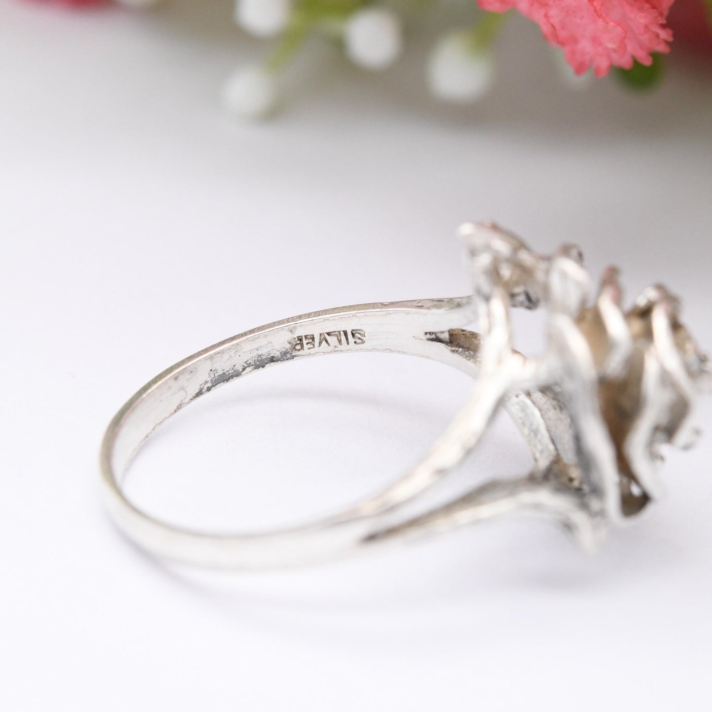 Vintage Sterling Silver Rose Ring - Modernist Flower Floral Shape | Pretty Gift for Her | UK Size - O | US Size - 7 1/4