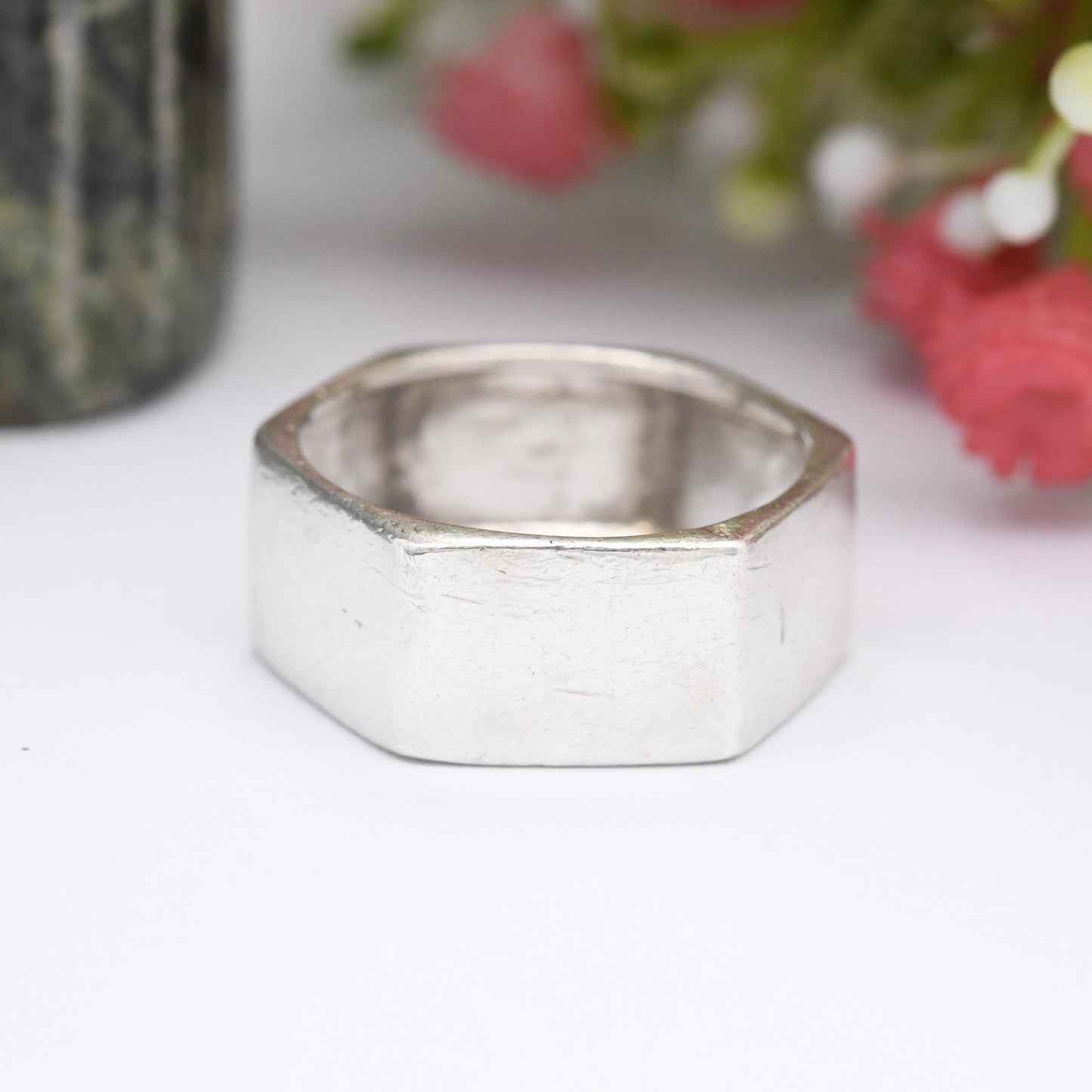 Vintage Sterling Silver Hexagonal Band Ring - Minimalist Nut Hardware Ring | Chunky Unisex Silver Jewellery | UK Size - T | US Size - 9 1/2
