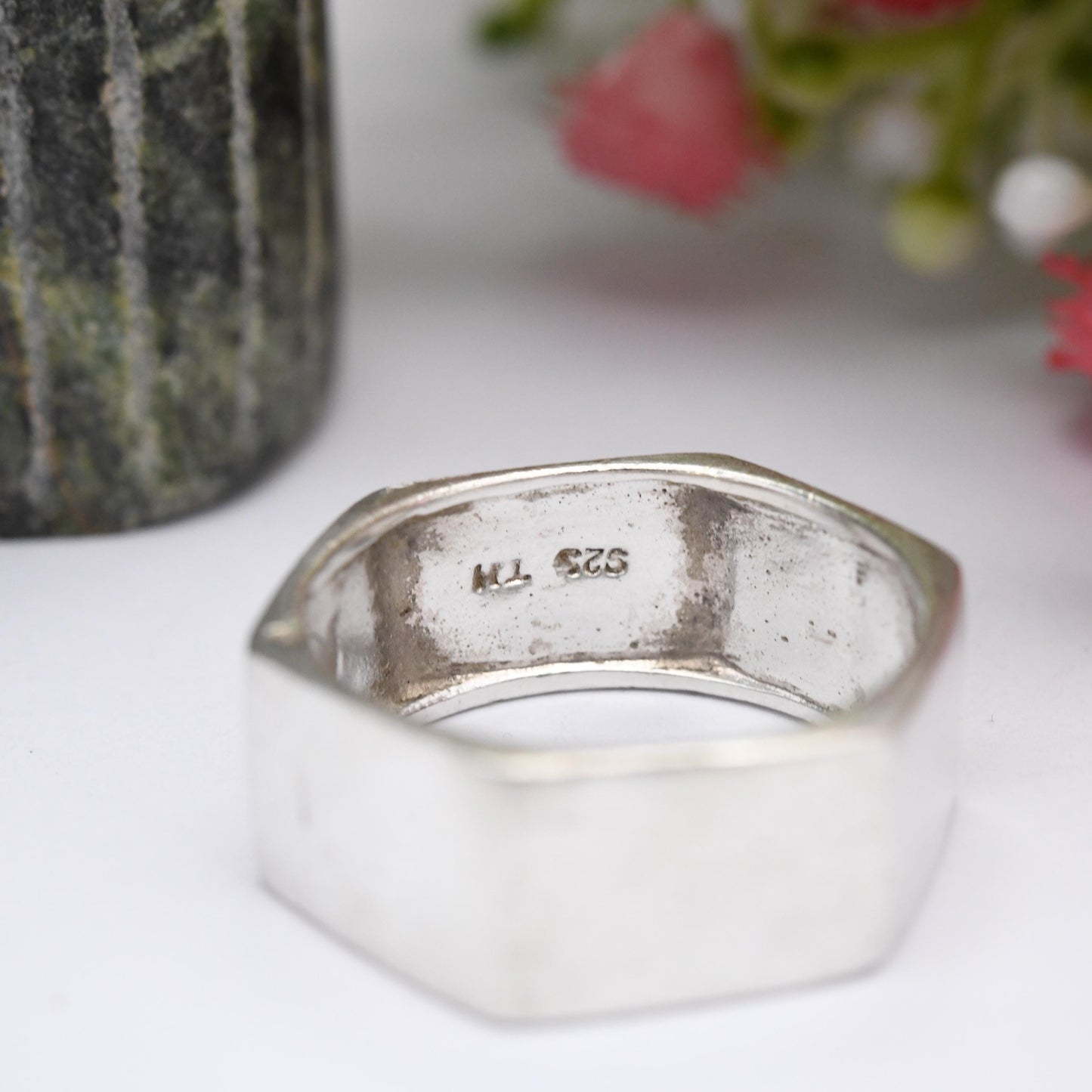 Vintage Sterling Silver Hexagonal Band Ring - Minimalist Nut Hardware Ring | Chunky Unisex Silver Jewellery | UK Size - T | US Size - 9 1/2