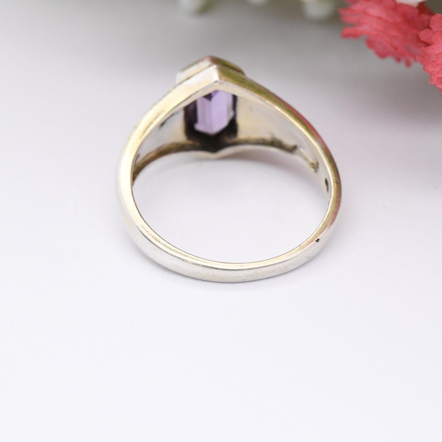 Vintage Sterling Silver Amethyst and Marcasite Ring - Cocktail Purple Stone | Unusual Hexagonal Art Deco Shape | UK Size - Q | US Size - 8