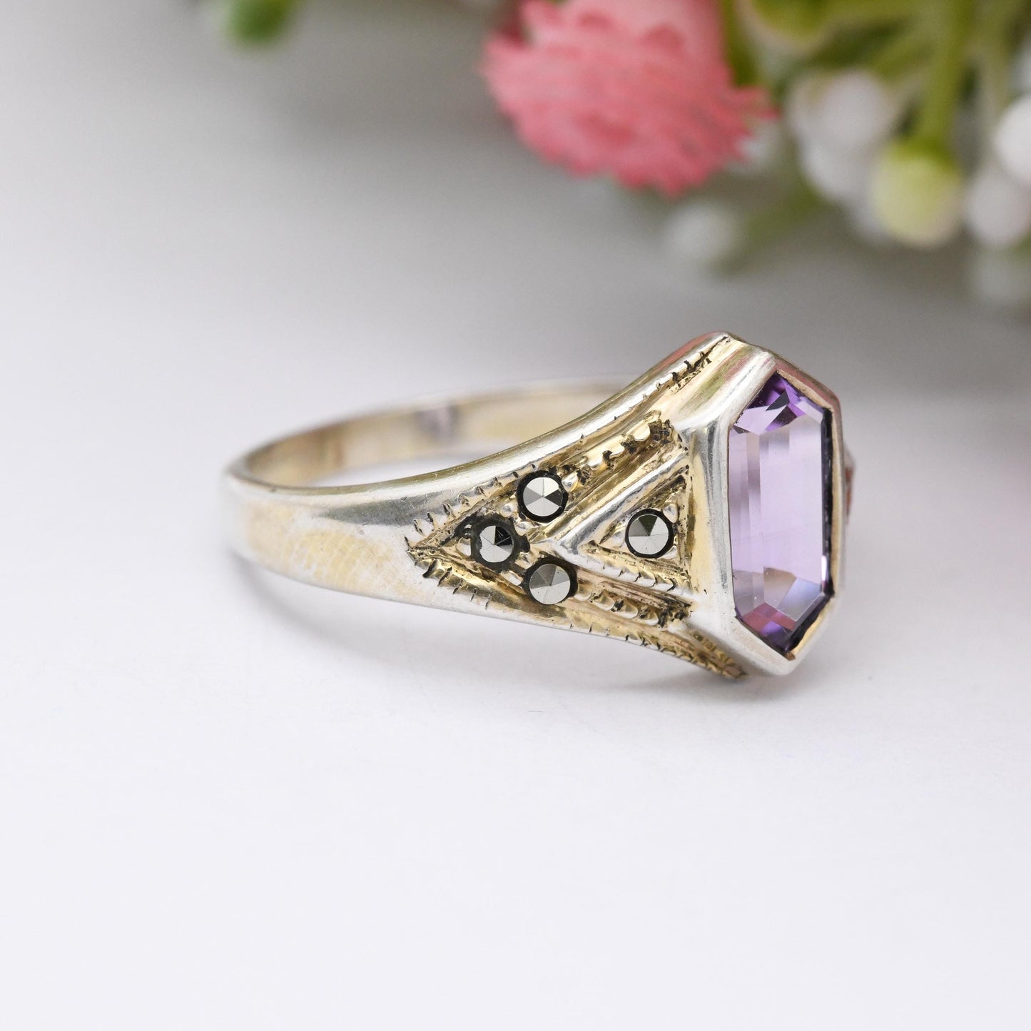 Vintage Sterling Silver Amethyst and Marcasite Ring - Cocktail Purple Stone | Unusual Hexagonal Art Deco Shape | UK Size - Q | US Size - 8