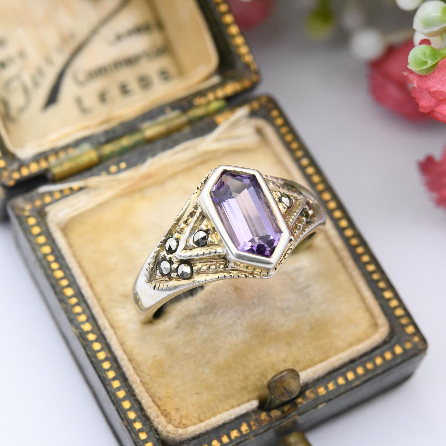 Vintage Sterling Silver Amethyst and Marcasite Ring - Cocktail Purple Stone | Unusual Hexagonal Art Deco Shape | UK Size - Q | US Size - 8