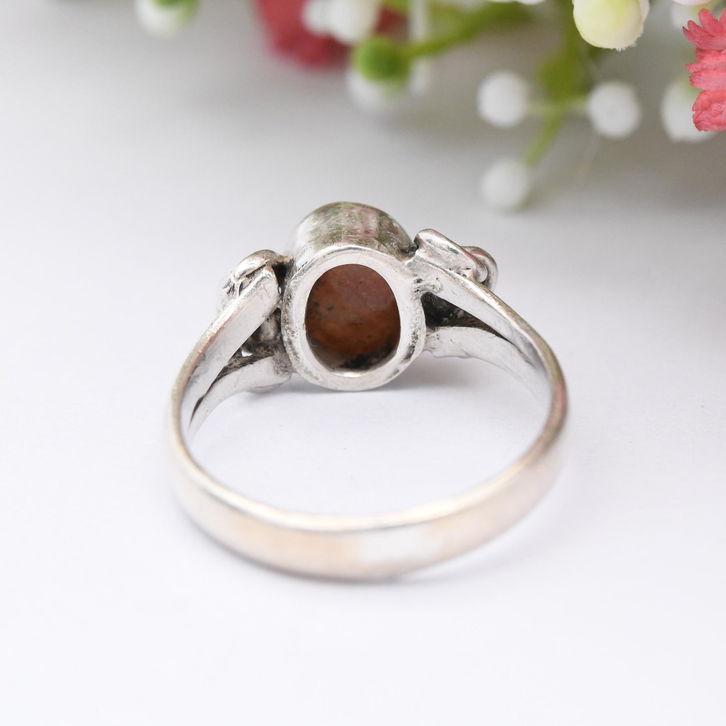 Vintage Sterling Silver Chain Link Ring with Orange Stone - Unusual Gemstone Cabochon | UK Size - P 1/2 | US Size - 8