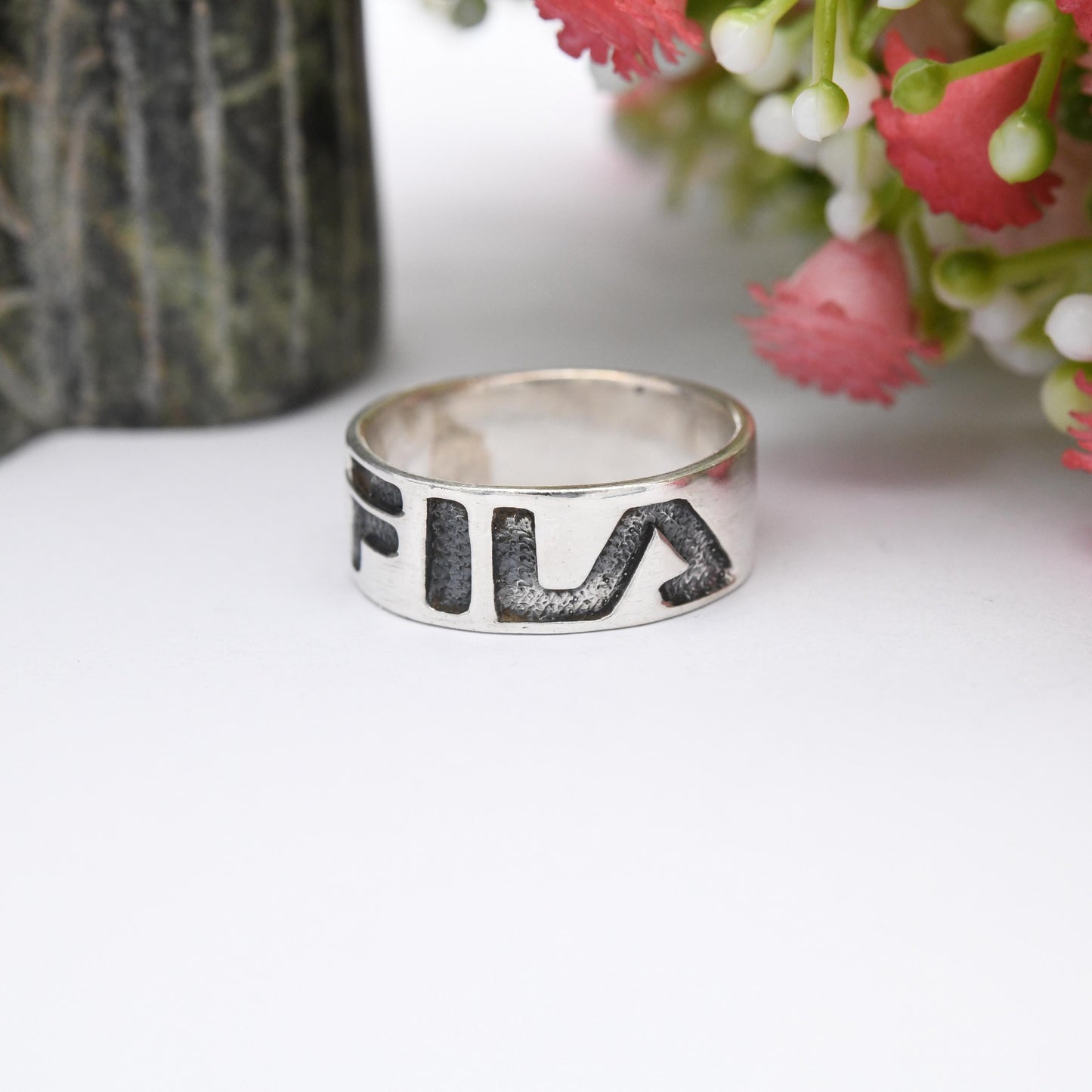 Vintage Sterling Silver FILA Logo Band Ring - Fila Sportswear Brand Ring | Minimal Unisex Band | UK Size - P | US Size - 7 1/2