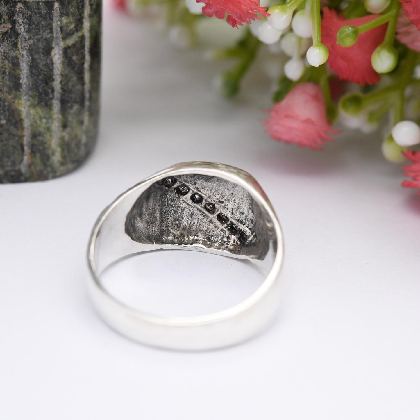 Vintage Sterling Silver Signet Ring with Clear Stones - Mid-Century Brutalist Textured Chunky Unisex | UK Size - V 1/2 | US Size - 10 3/4