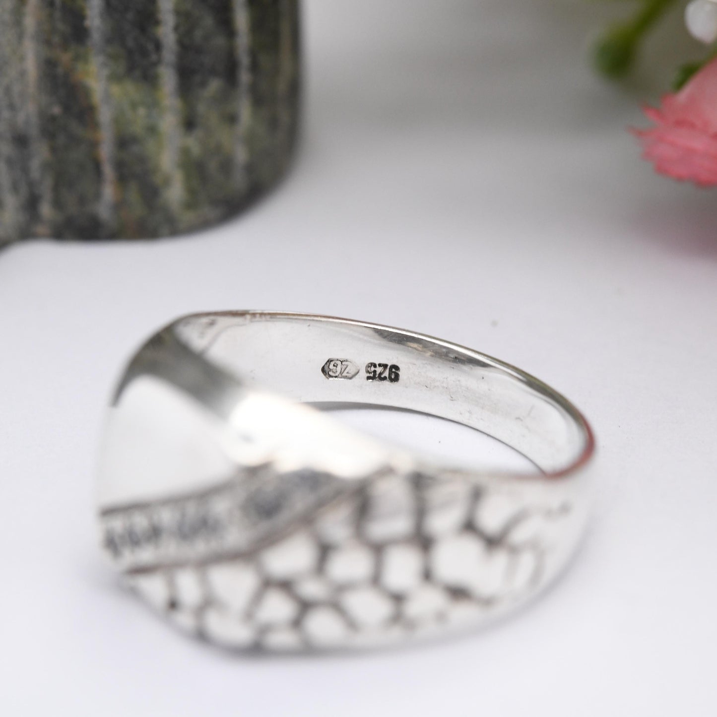 Vintage Sterling Silver Signet Ring with Clear Stones - Mid-Century Brutalist Textured Chunky Unisex | UK Size - V 1/2 | US Size - 10 3/4