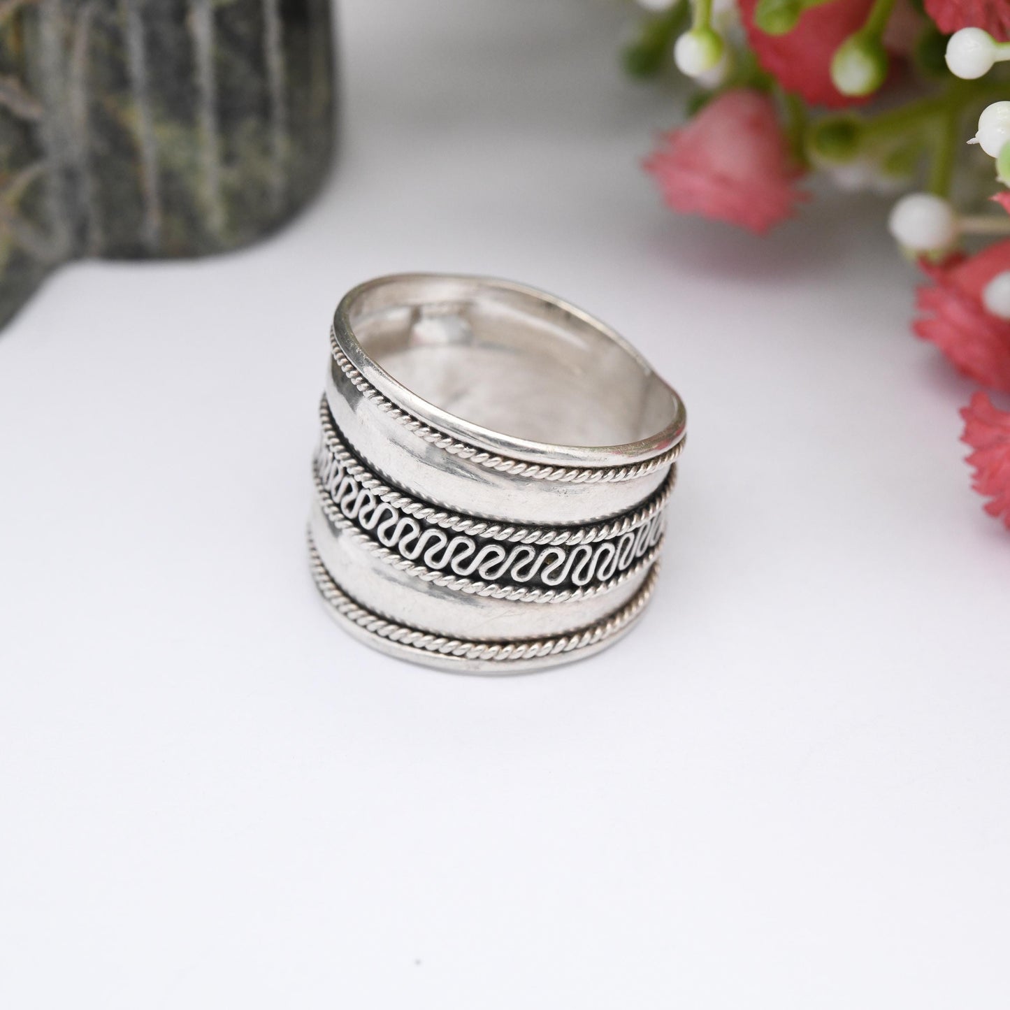 Vintage Sterling Silver Wirework Rope Twist Cannetille Band Ring - Chunky Silver Jewellery | Wide Band | UK Size - P 1/2 | US Size - 8