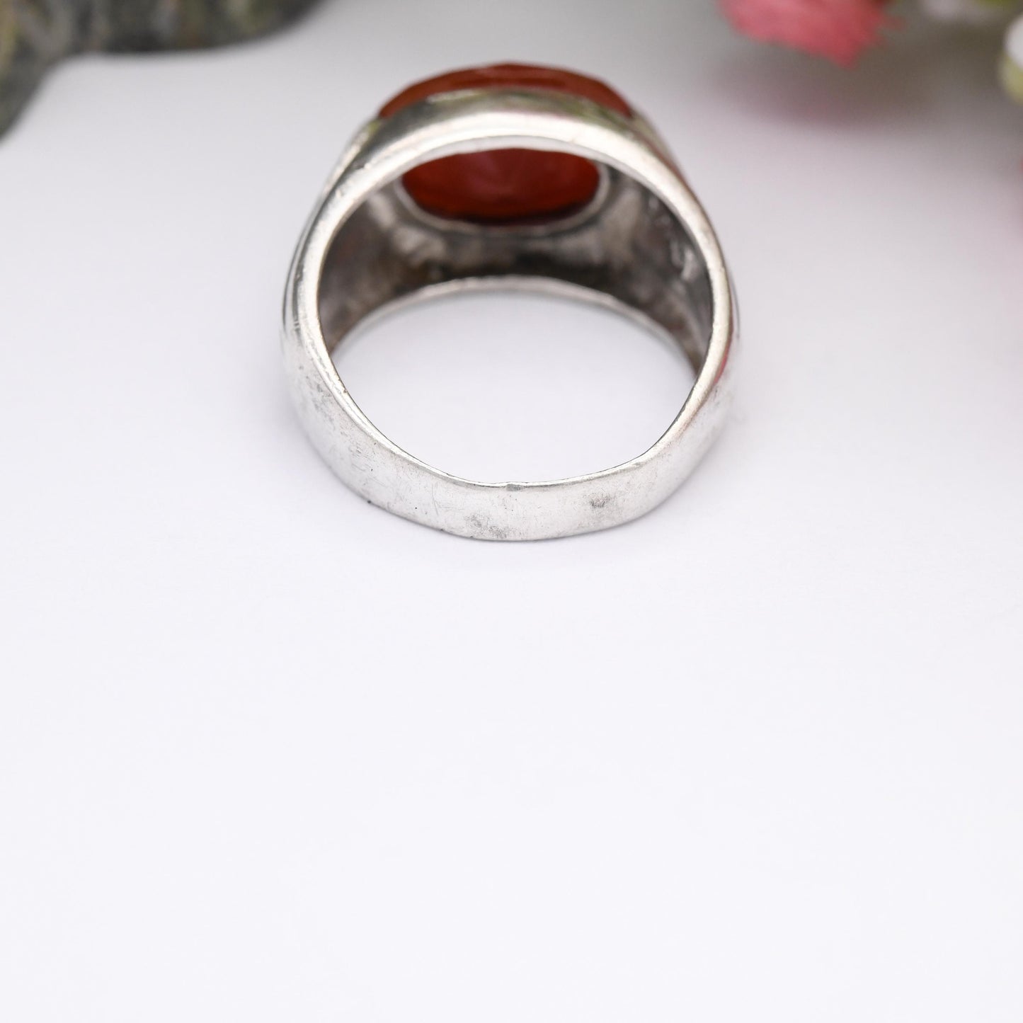 Vintage Sterling Silver Faceted Carnelian Ring - Chunky Mid-Century Modernist Red Stone Statement Ring | UK Size - Q 1/2 | US Size - 8 1/2