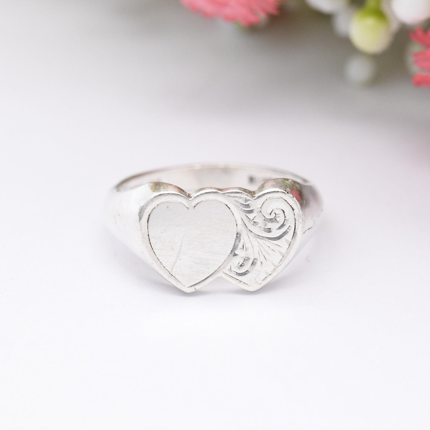 Vintage Sterling Silver Heart Signet Ring - Engraved Entwined Love Hearts | Henry Griffith | Gift for Her | UK Size - J 1/2 | US Size - 5